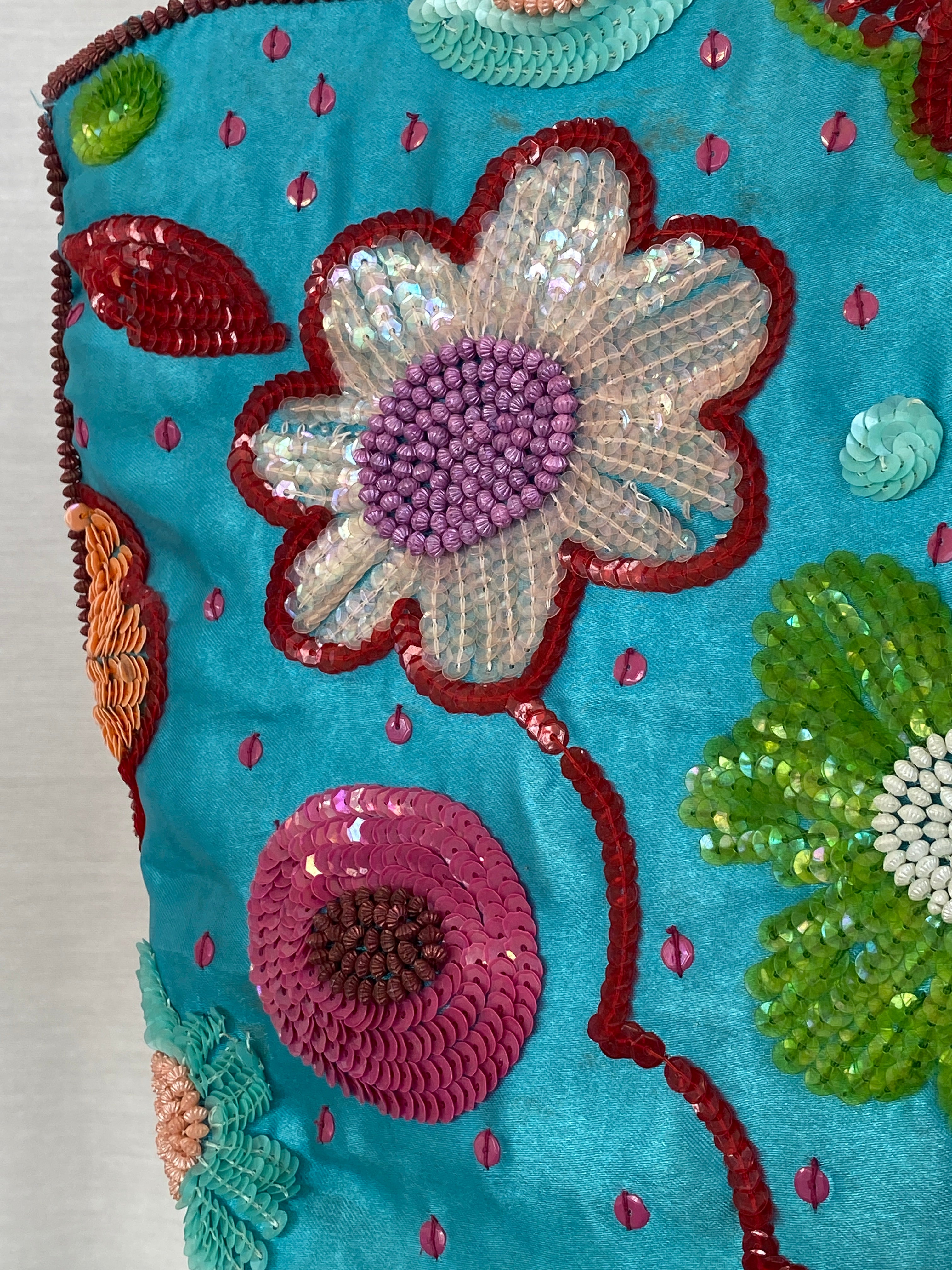 Beautiful Blue Satin Floral Sequined Beaded Strap Tote Bag