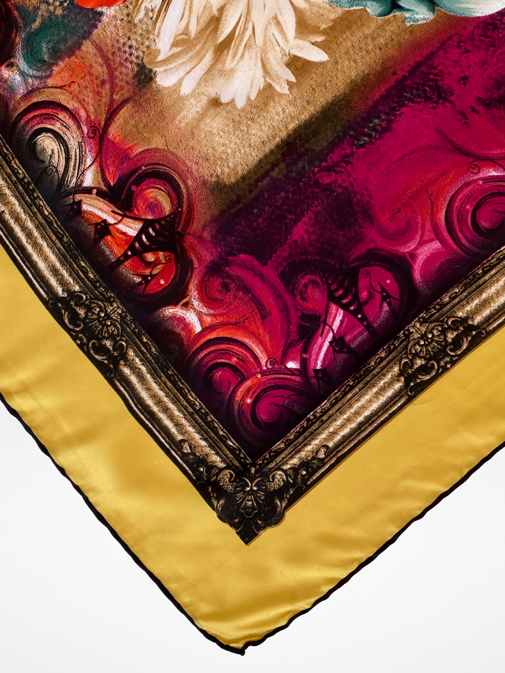 ARMEN Golden Floral Baroque Style Satin Silk Square Scarf