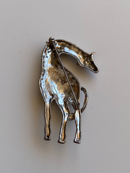 Vintage Silver-Tone Black Enamel & Rhinestone Giraffe Brooch
