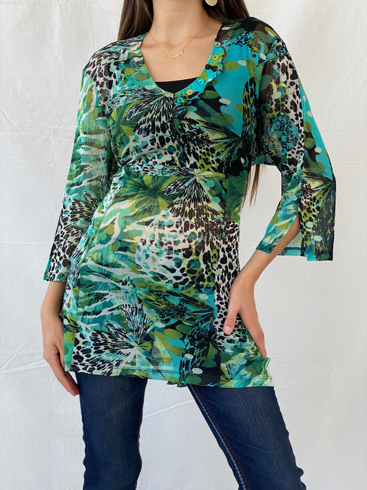 Early 00s Pause Café Tropical Print Mesh Top - L