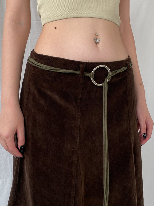 90s Pescara Brown Corduroy Midi Skirt with Rope Tie Belt - M