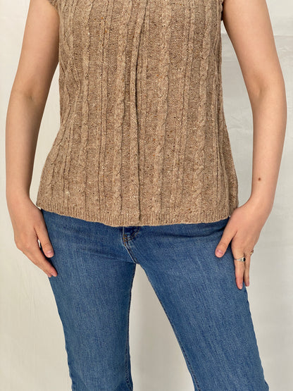 Vintage 90s JW Beige Wool Blend Cable Knit Sleeveless Turtleneck Sweater Vest - Size M