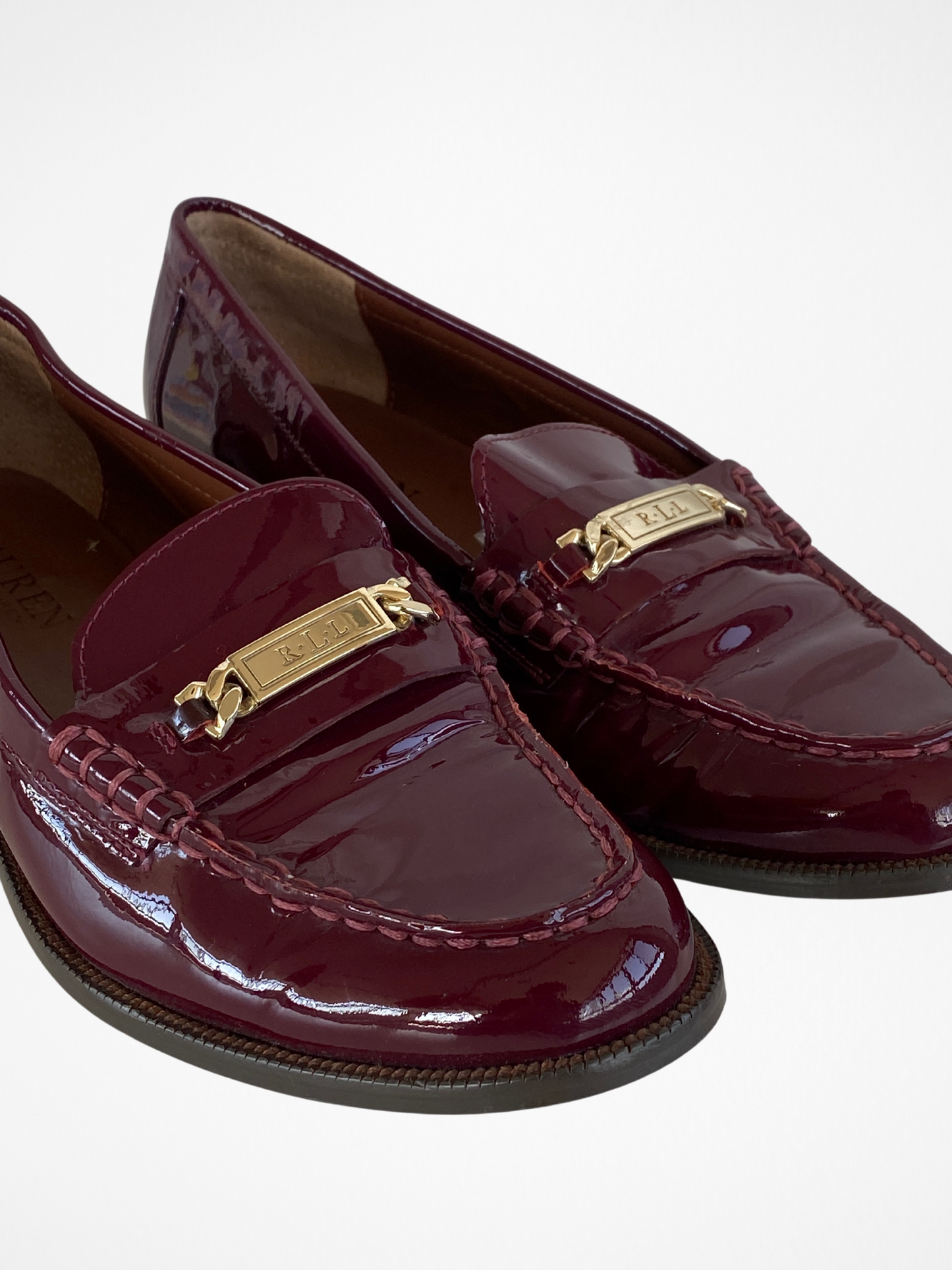 Ralph Lauren RLL Polished Patent Leather Burgundy Loafers - 38