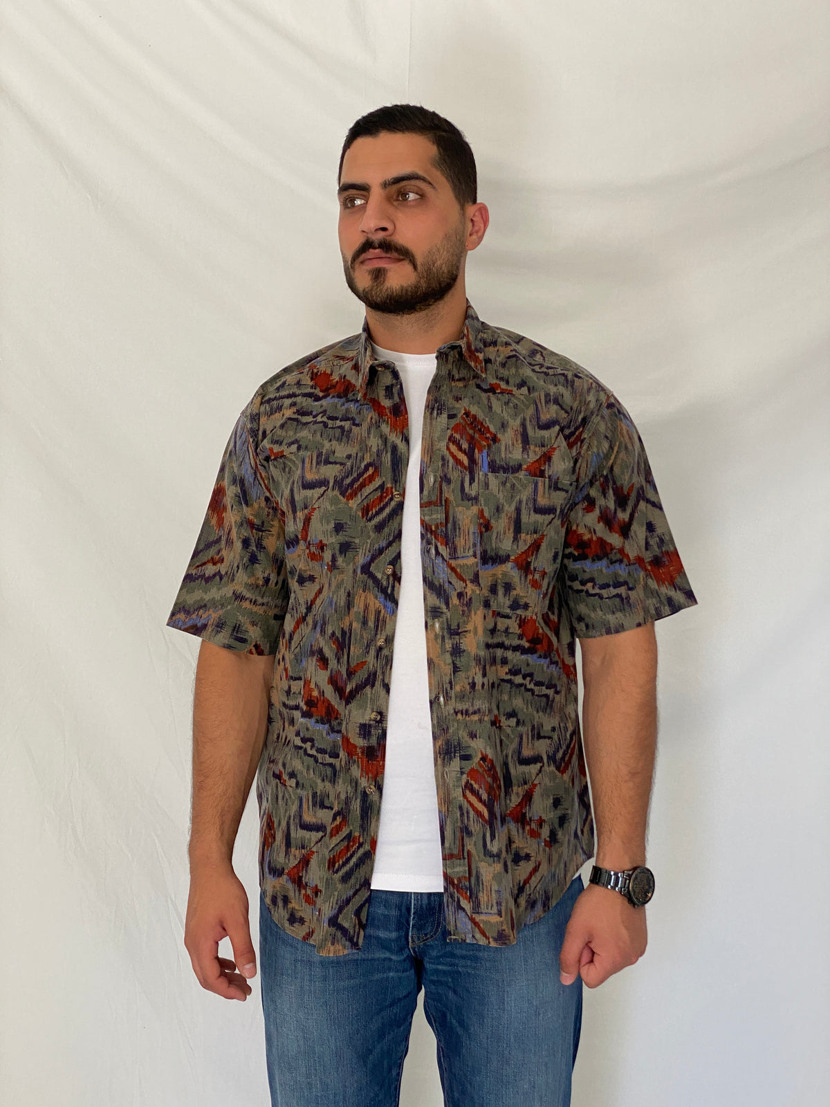 Vintage Bachrach Abstract Short Sleeve Olive Cotton Blend Shirt – L Vintage Bachrach Abstract Short Sleeve Olive Cotton Blend Shirt – L