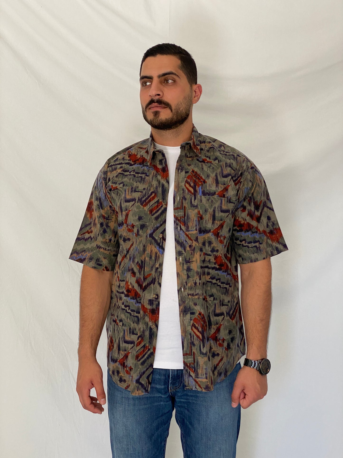 Vintage Bachrach Abstract Short Sleeve Olive Cotton Blend Shirt – L
