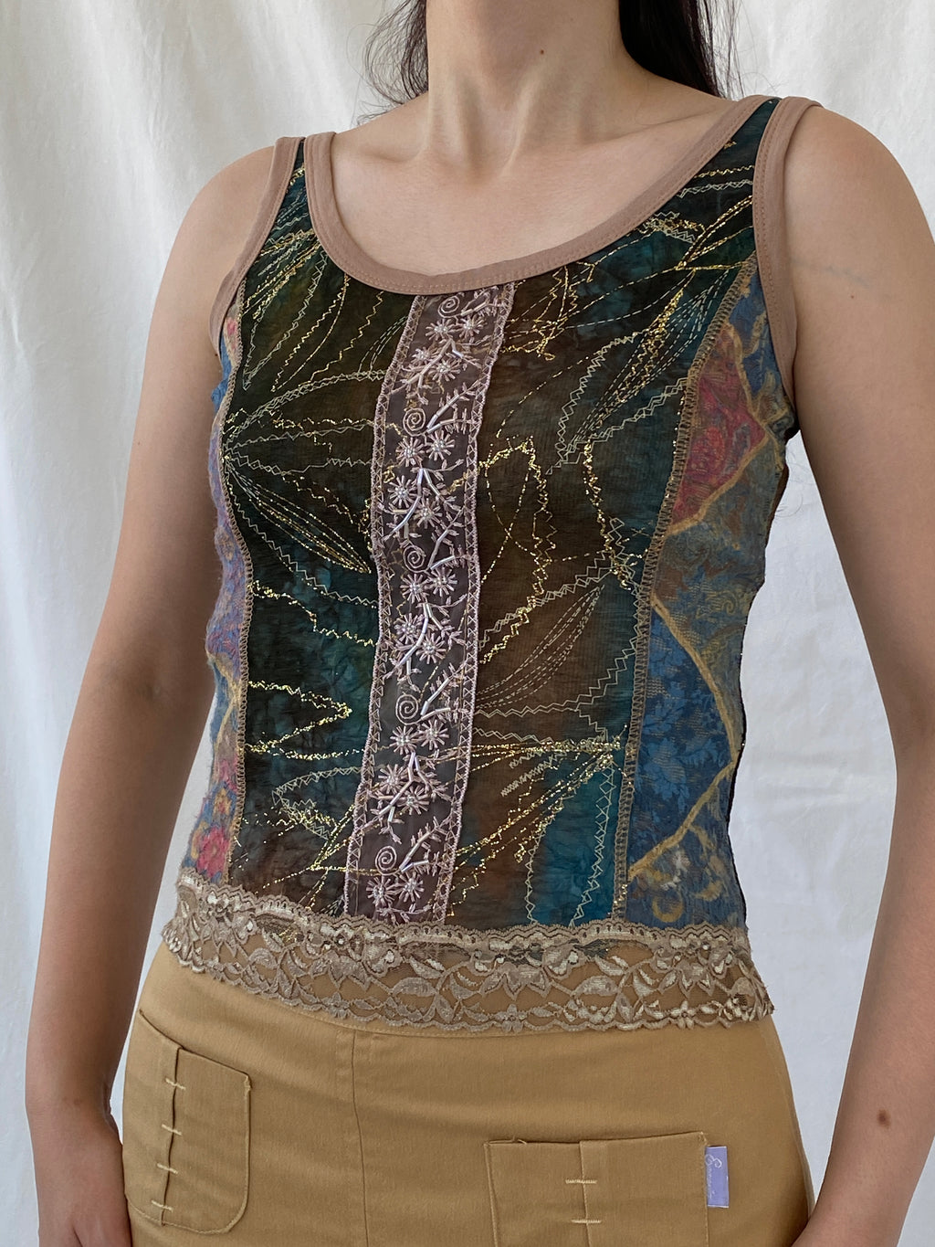 Lulu H Paris Mesh Patchwork Lace Trim Indie Fairycore Tank Top - S