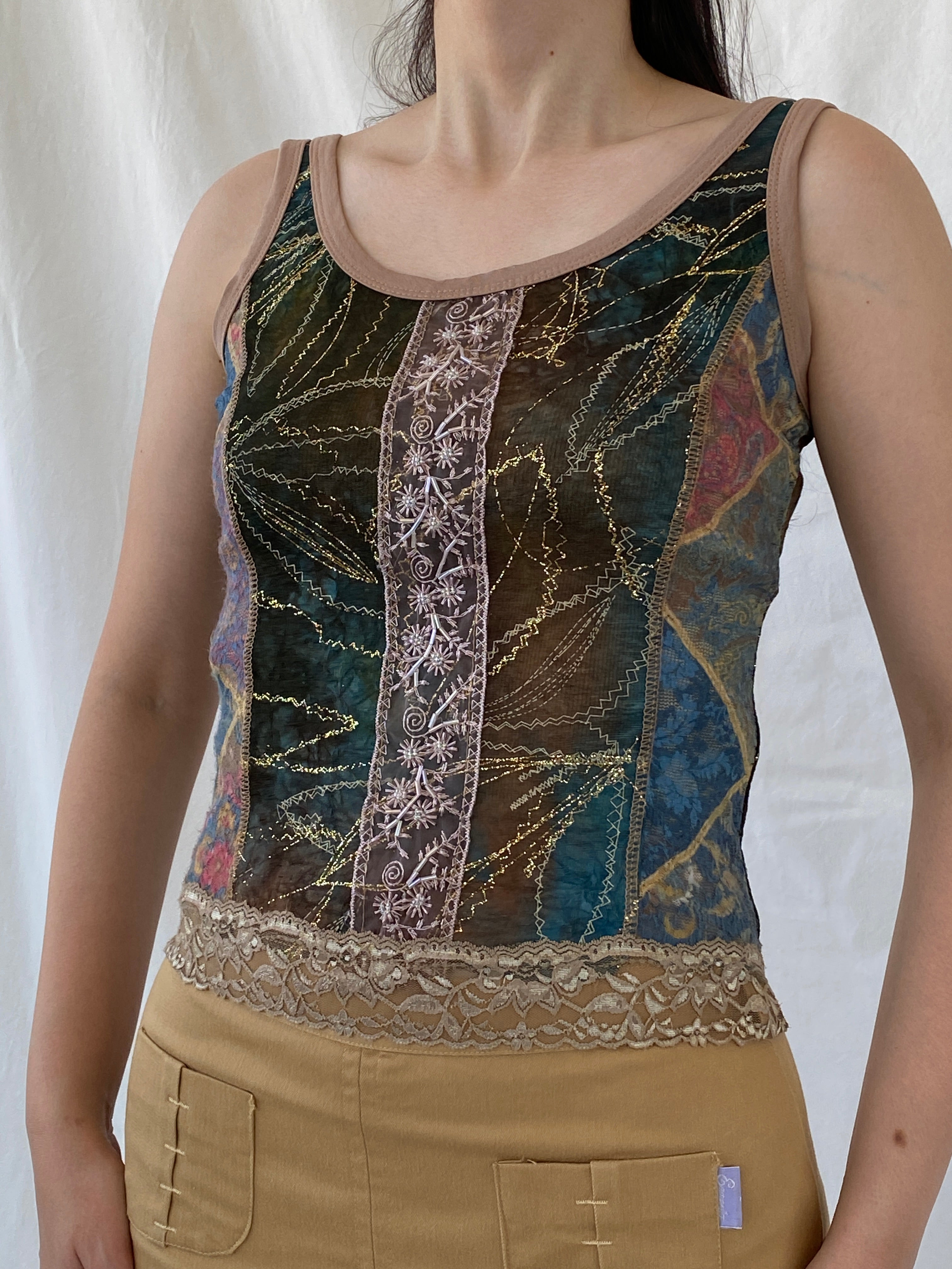 Lulu H Paris Mesh Patchwork Lace Trim Indie Fairycore Tank Top - S