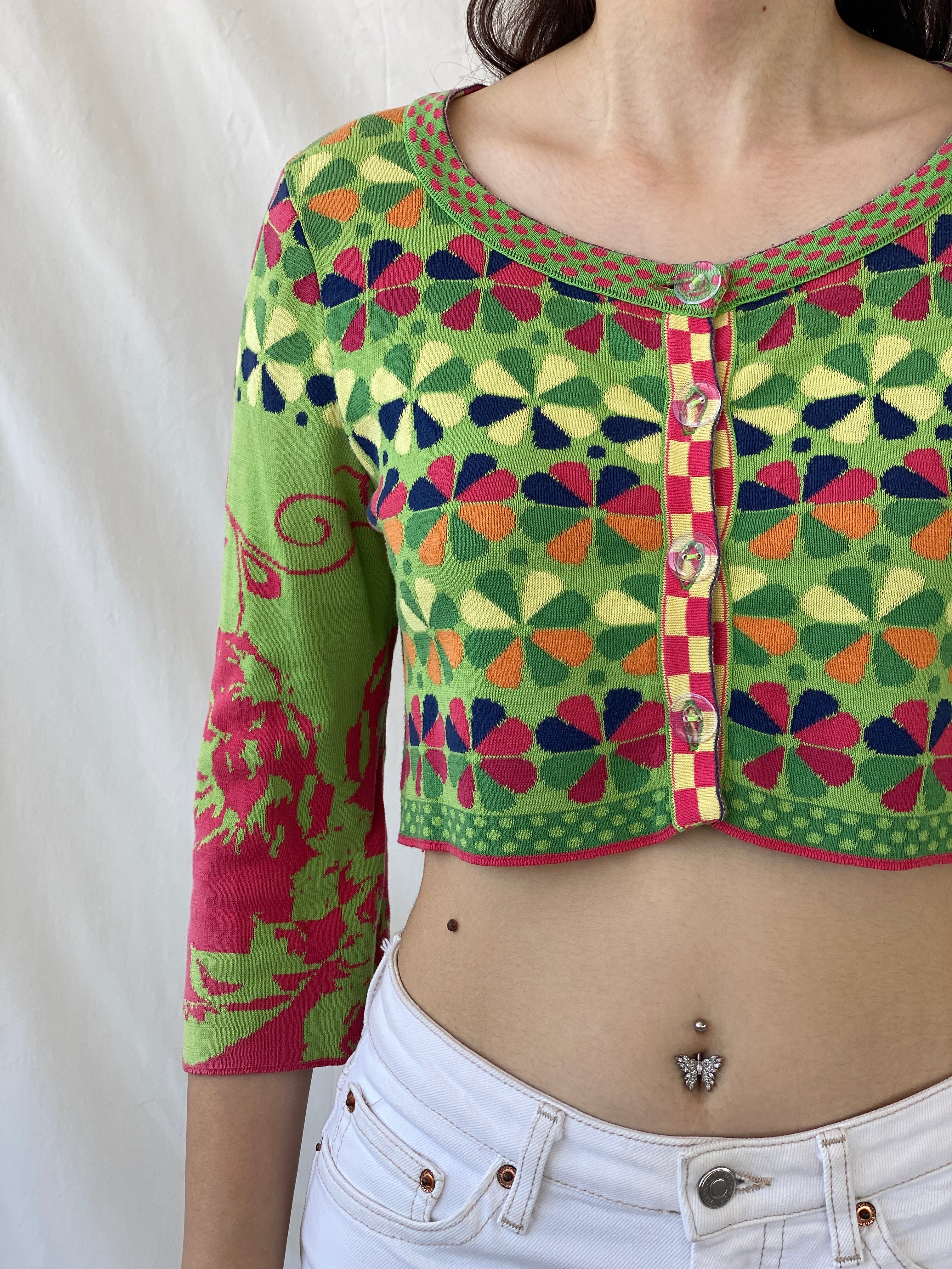 Y2K Ivko Colorful Patterned Cropped Button Up Cardigan - M