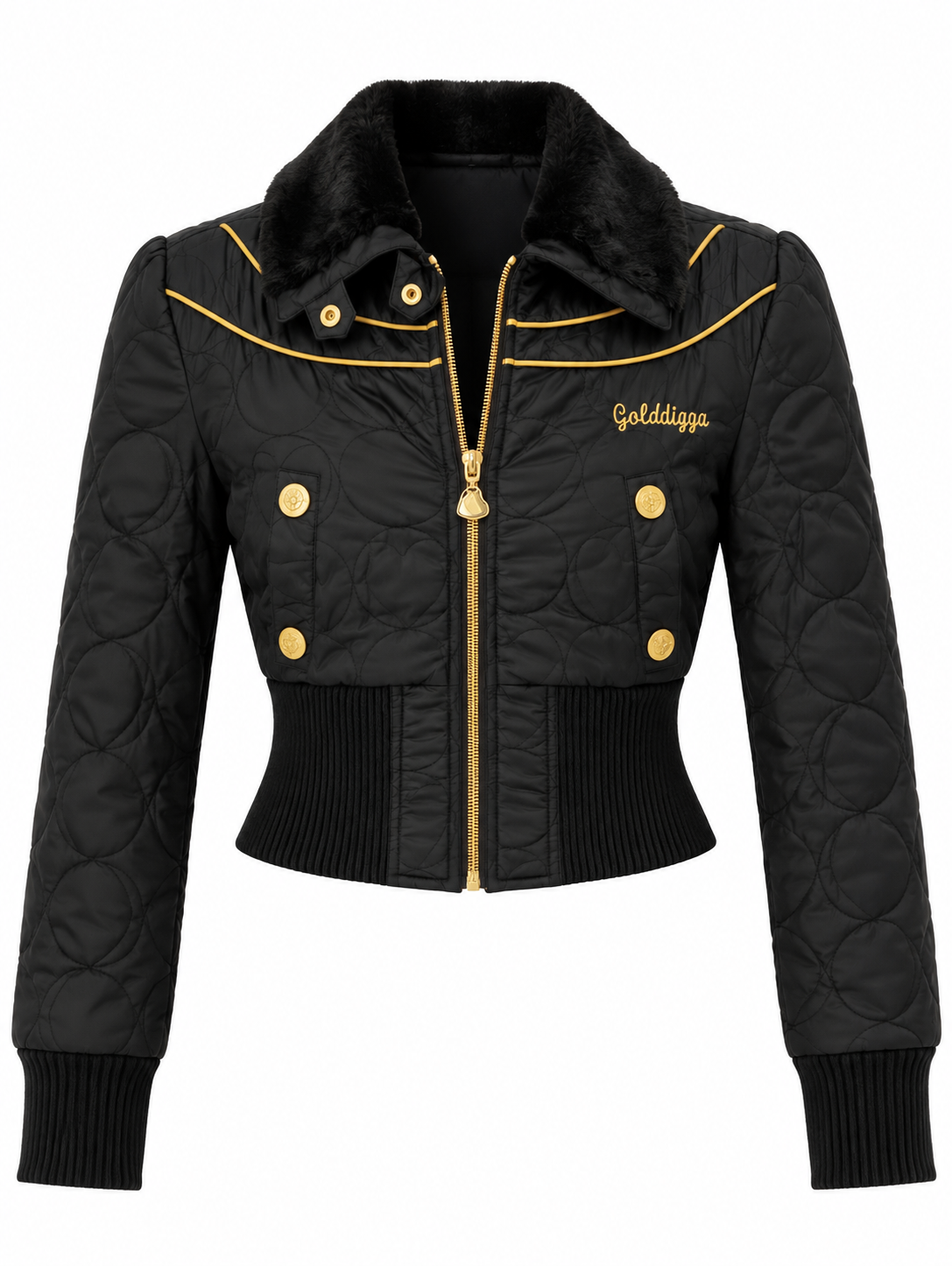 Y2K Core Golddigga Black Cropped Puffer Jacket Faux Fur Collar Gold Details - S