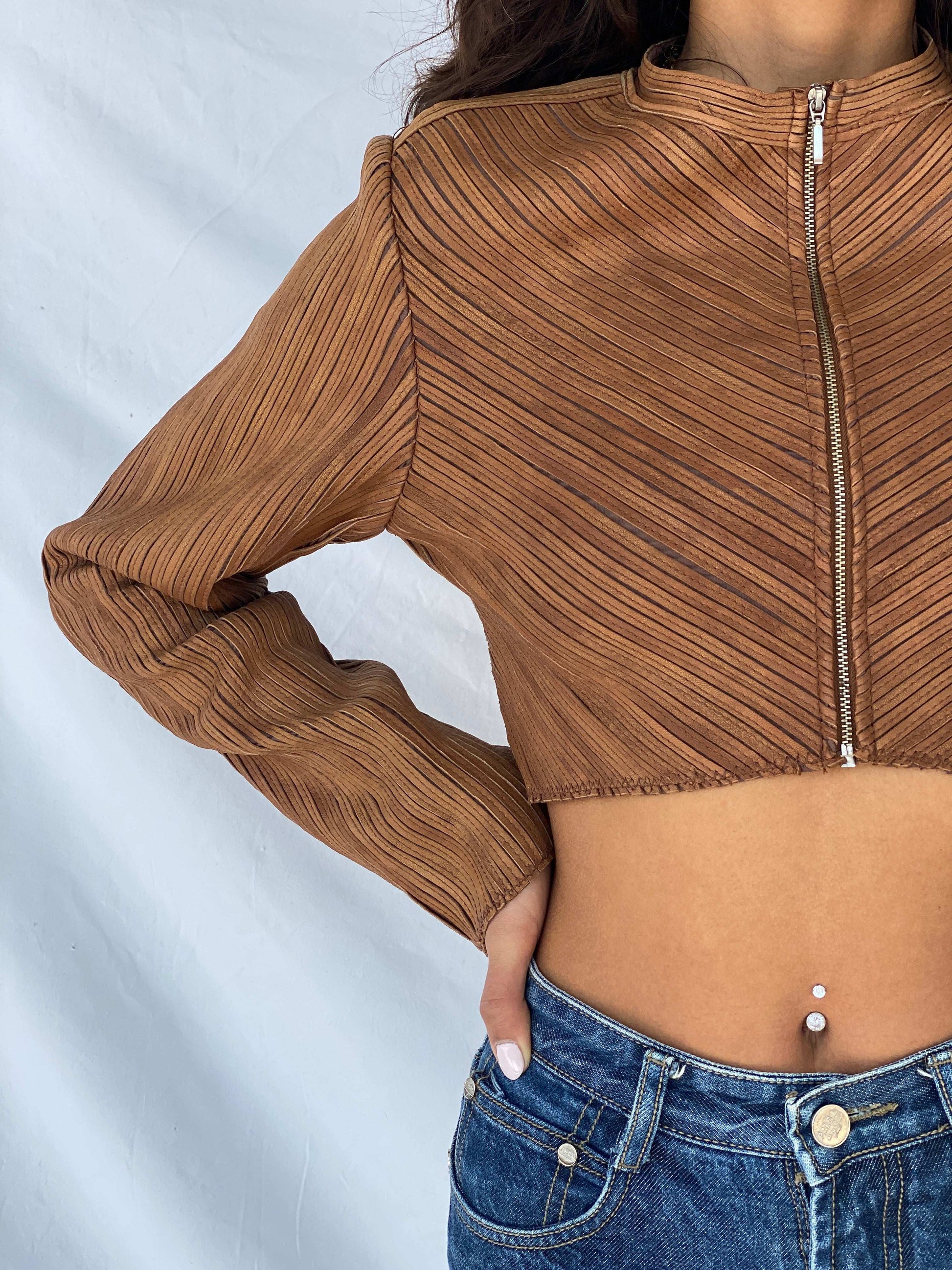 Vintage Brown Genuine Leather Zip Up Crop Top - Size S - Balagan Vintage Full Sleeve Top 90s, full sleeve top, Tojan, winter