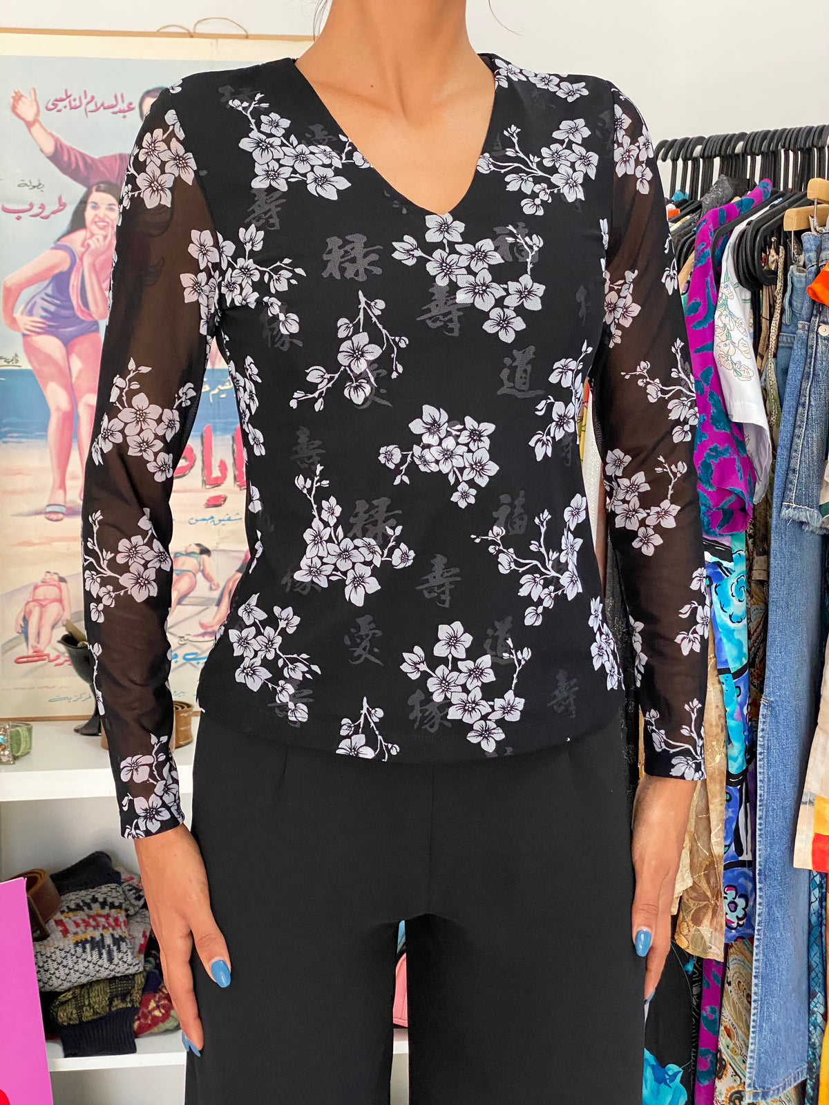 Vintage 90s Y2K Petite Sophisticate Black Floral Mesh Long Sleeve Top - S Vintage 90s Y2K Petite Sophisticate Black Floral Mesh Long Sleeve Top - S