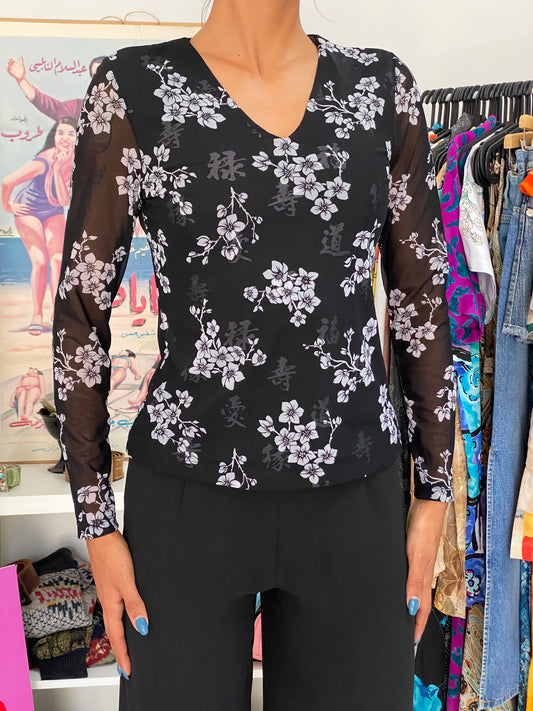 Vintage 90s Y2K Petite Sophisticate Black Floral Mesh Long Sleeve Top - S