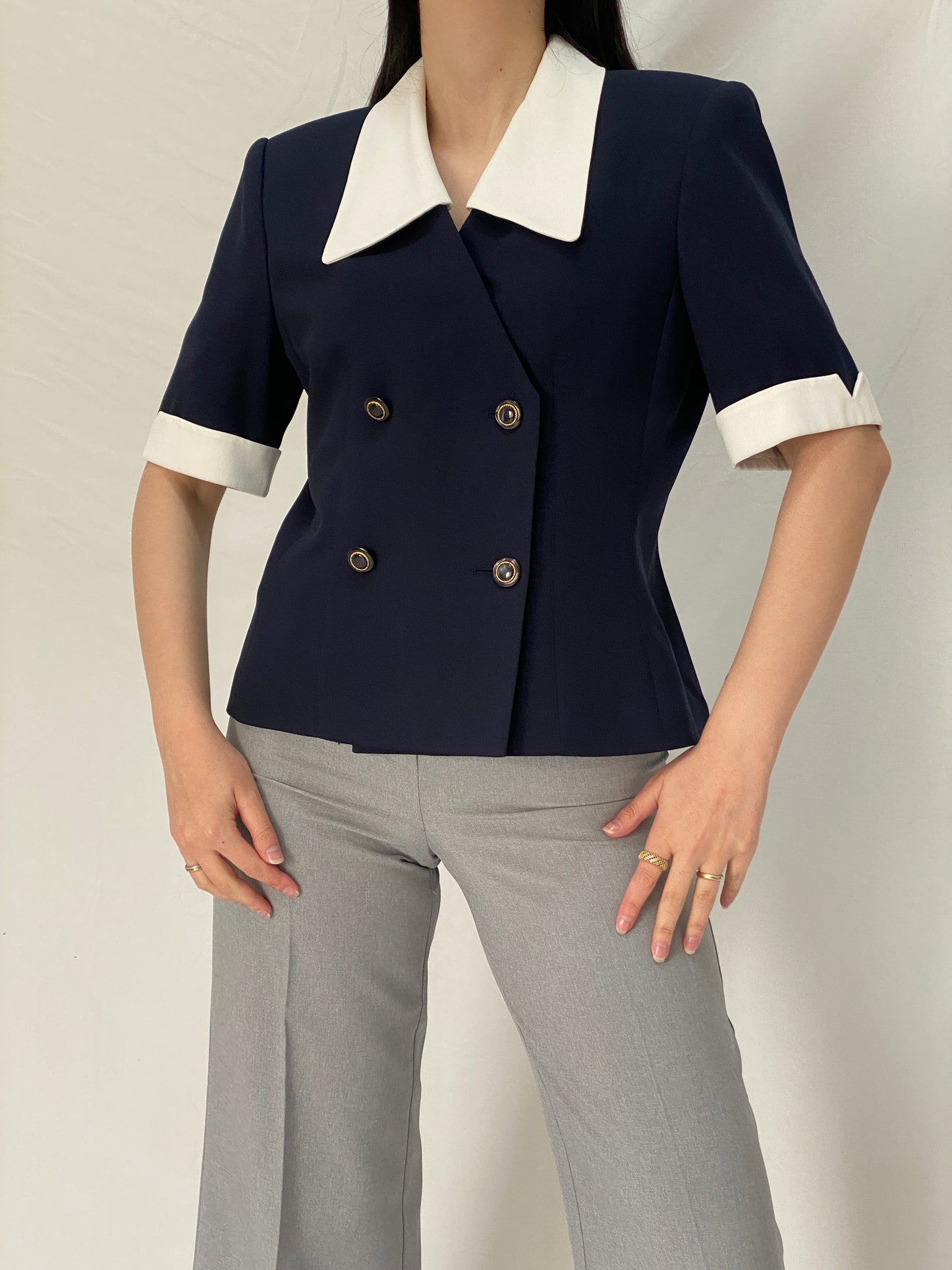 Vintage Kasper for ASL Navy White Tailored Short Sleeve Blazer - M