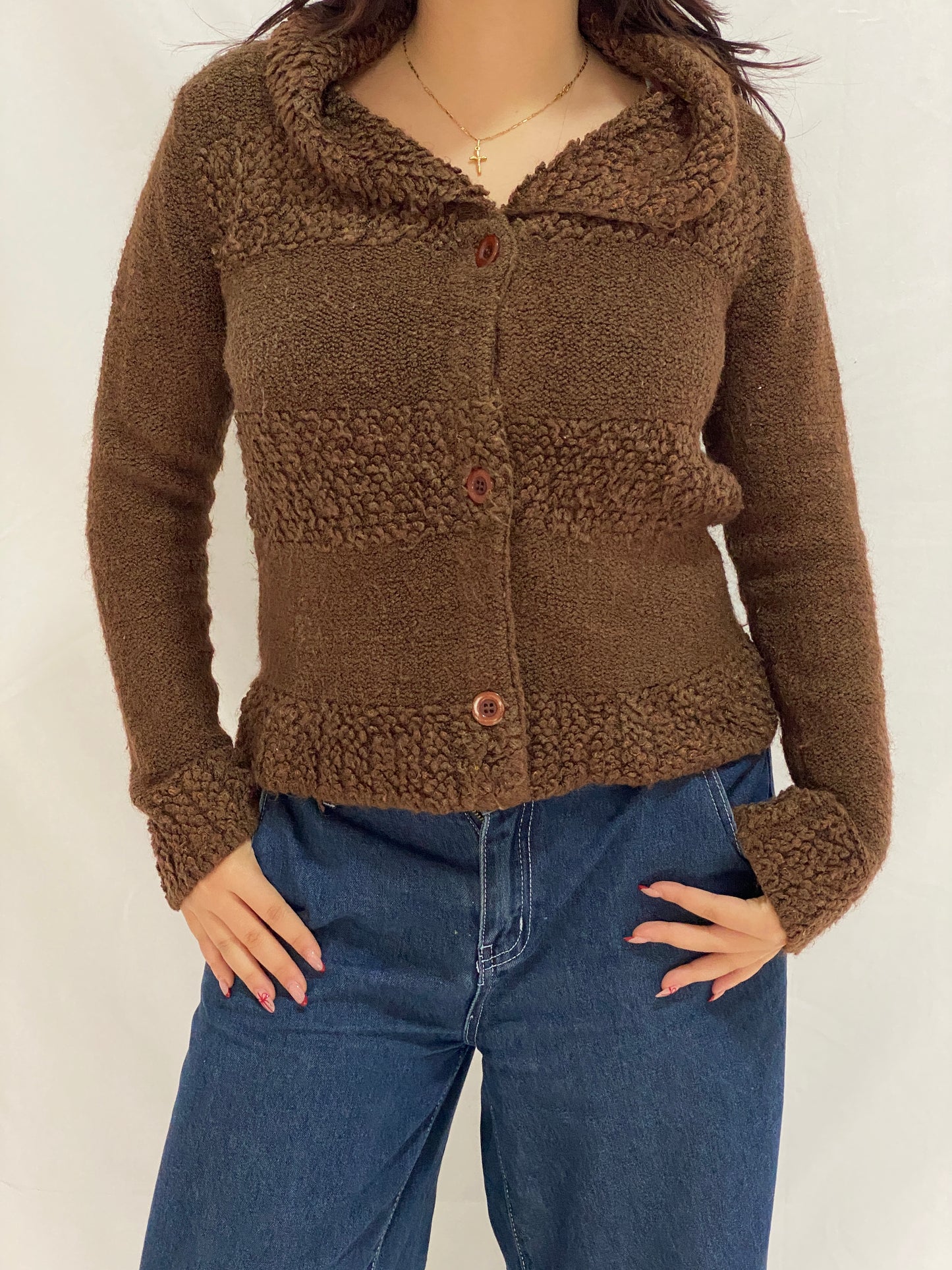 Vintage Brown Teddy Knit Jacket FD Feider Button-Up Cozy Cardigan - M