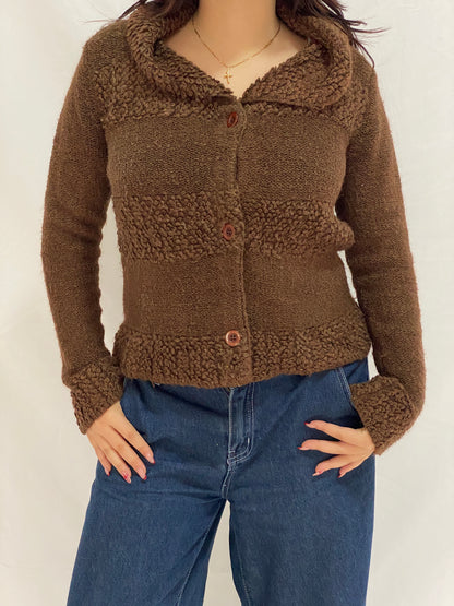 Vintage Brown Teddy Knit Jacket FD Feider Button-Up Cozy Cardigan - M