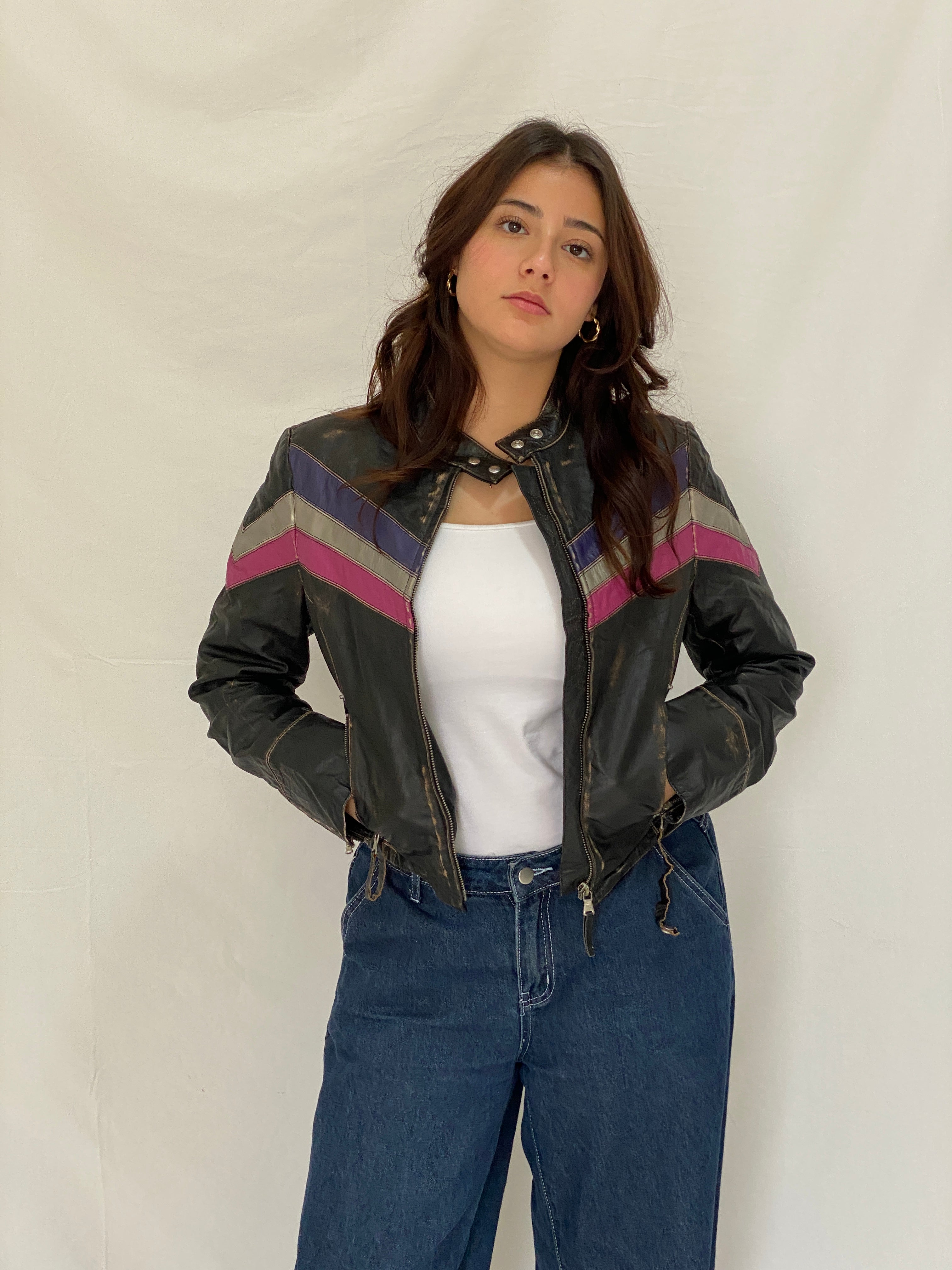 Vintage Miss Sixty Distressed Genuine Leather Moto Jacket Y2K Chevron Colorblock Biker - M