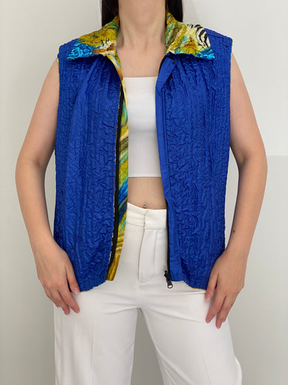 Vintage 90s Reversible Blue Yellow Abstract Crinkle Quilted Zip-Up Vest – L