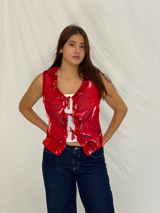 Vintage Y2K SAXX Italy Red Floral Sheer Ruffle Tie-Front Top - M