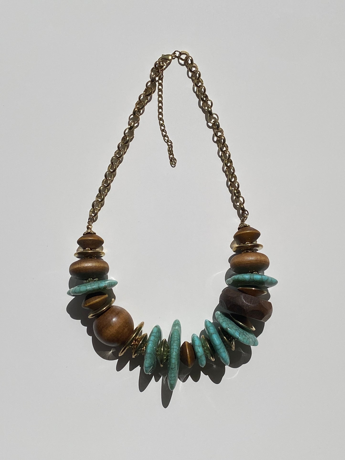 Vintage Boho Turquoise Disc Wood Bead Statement Chunky Necklace