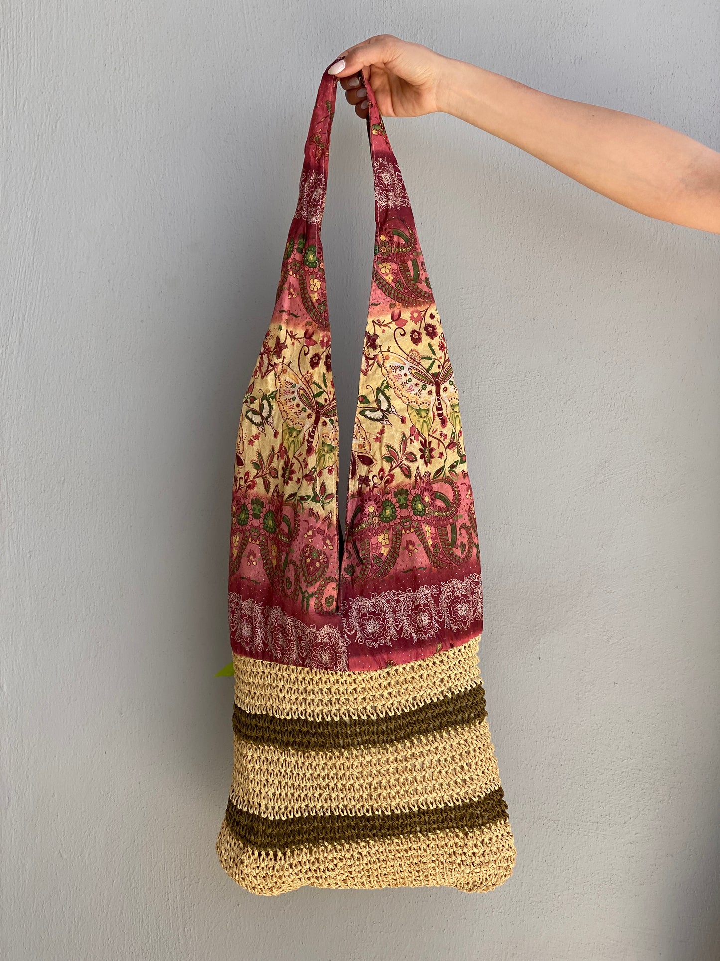 Vintage Boho Patchwork Straw & Paisley Print Tote Bag Floral Detail Shoulder Bag