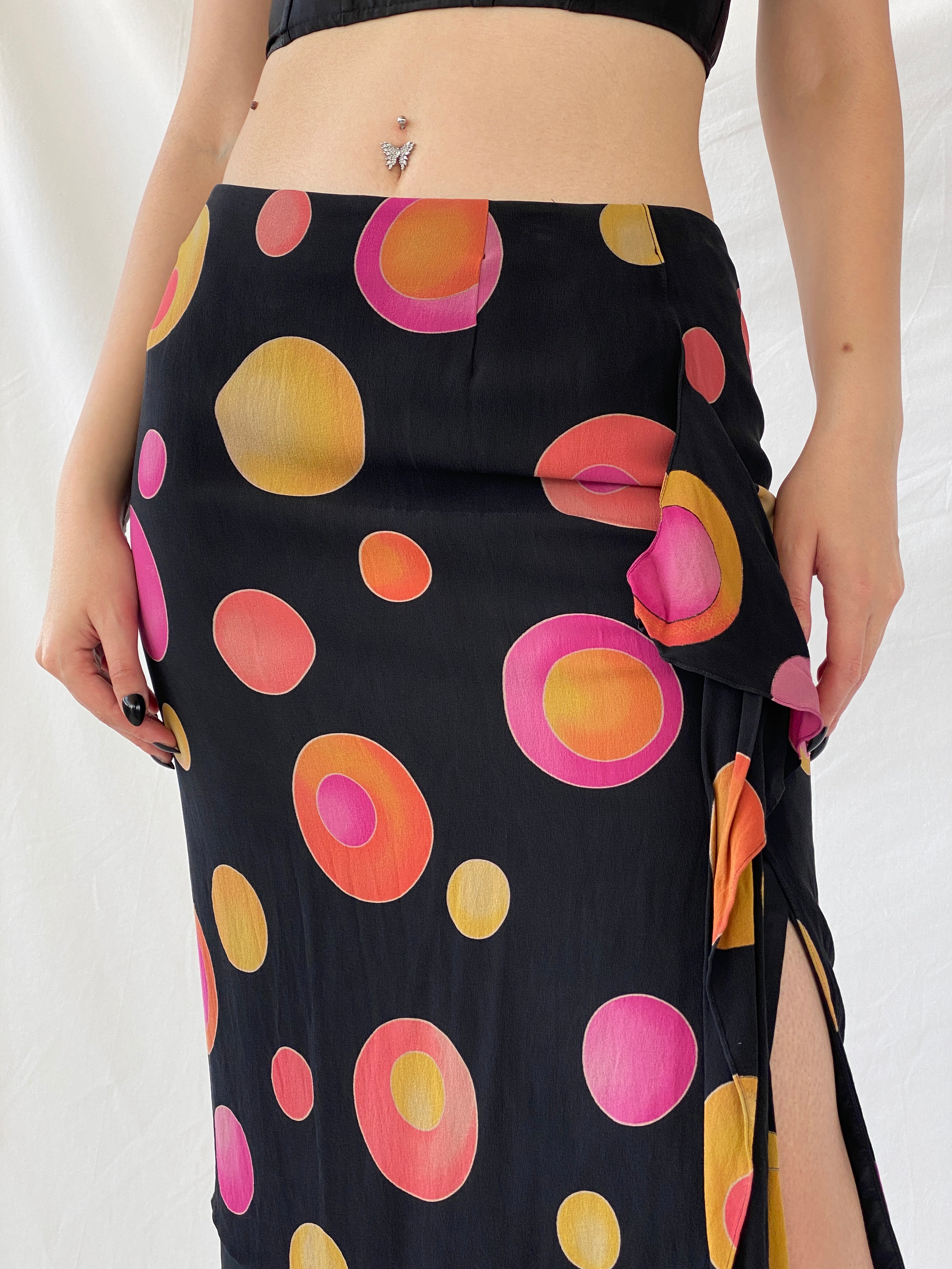Vintage 1990s Louis Féraud Silk Dot Midi Black Groovy Skirt with Colorful Circles and Side Slits - M