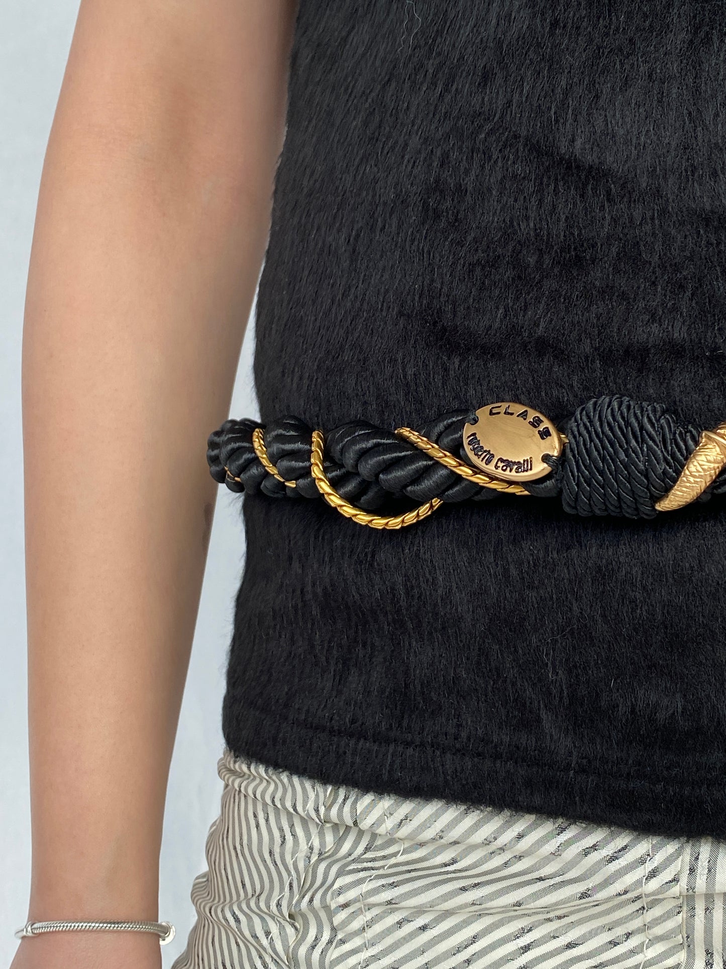 00s Cavalli Class by Roberto Cavalli Black Macrame Rope Fringed Belt with Gold Snake Metal Hardware