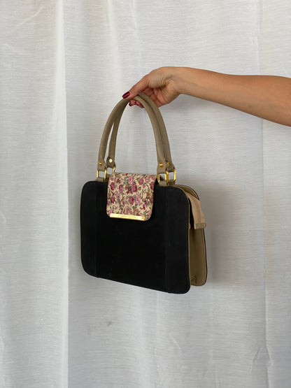 Black Canvas Beige Leather Handles Floral Closure Handbag