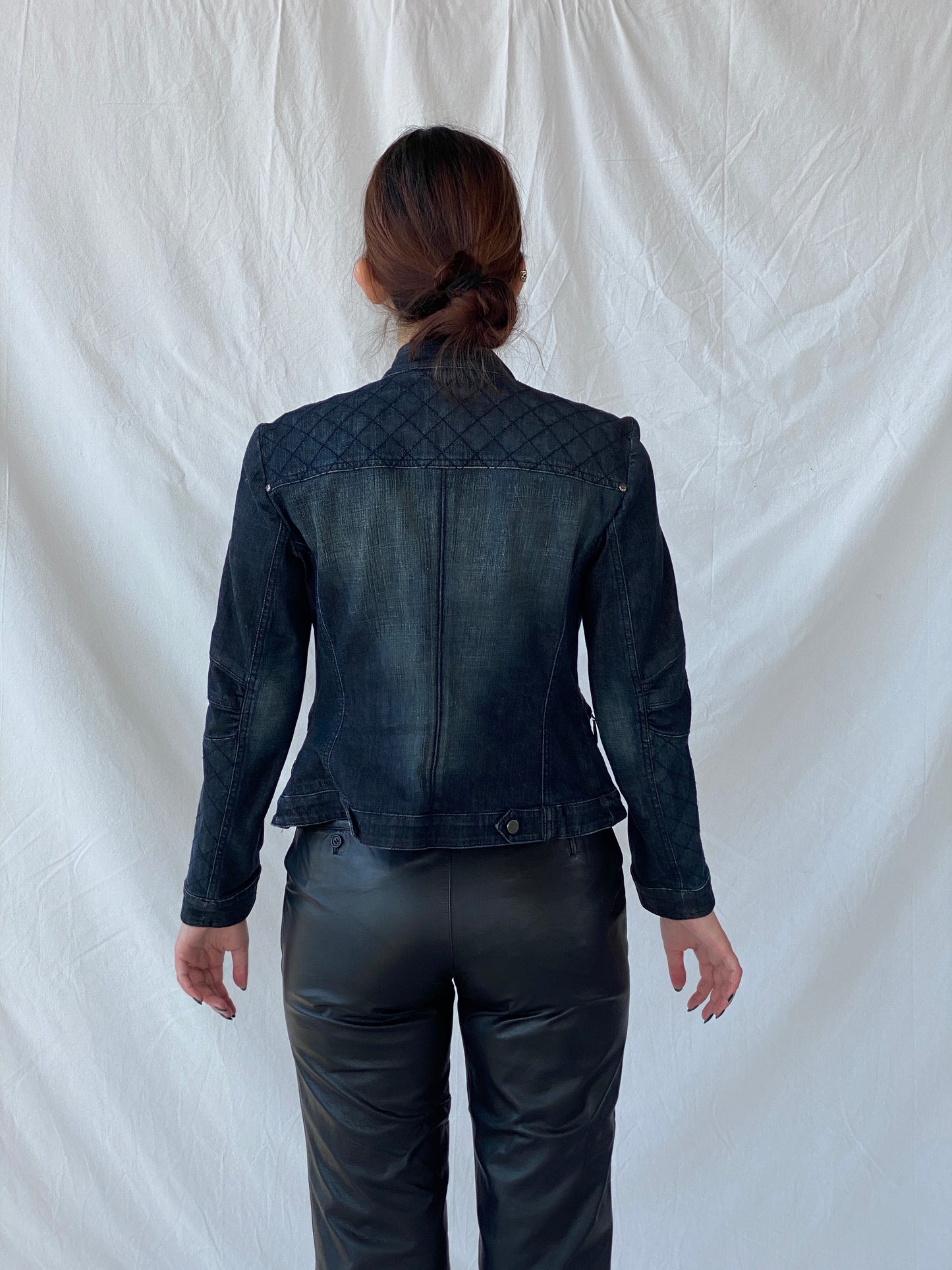 Vintage Y2K Betty Barclay Biker Zipper Denim Jacket With Quilted Detailing - M