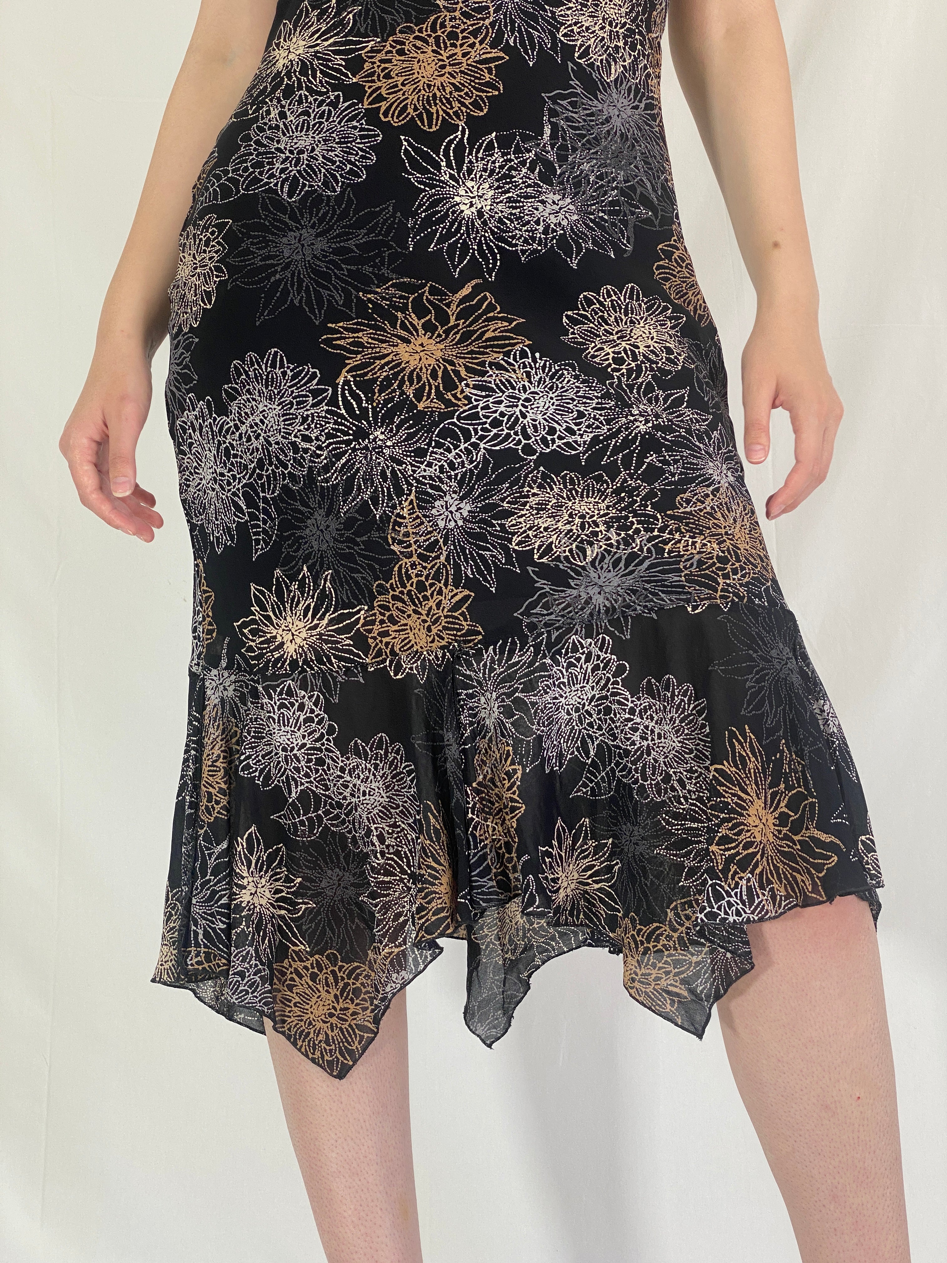 Vintage M&S Mode Black Floral Midi Dress Handkerchief Hem - S