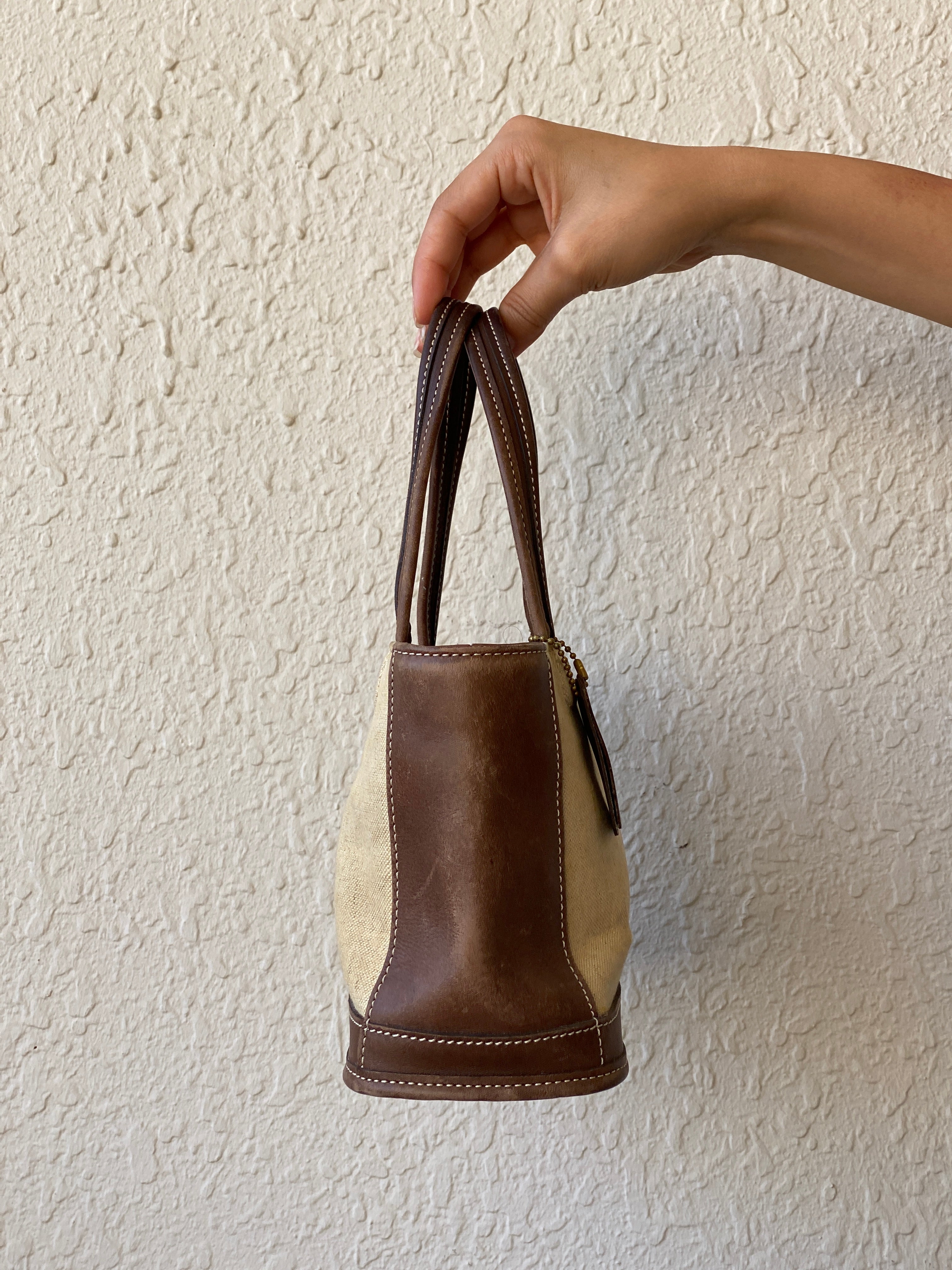 Rare Vintage Coach B9C-6120 Tan Canvas & Brown Leather Small Tote Handbag 90s Mini Satchel Purse