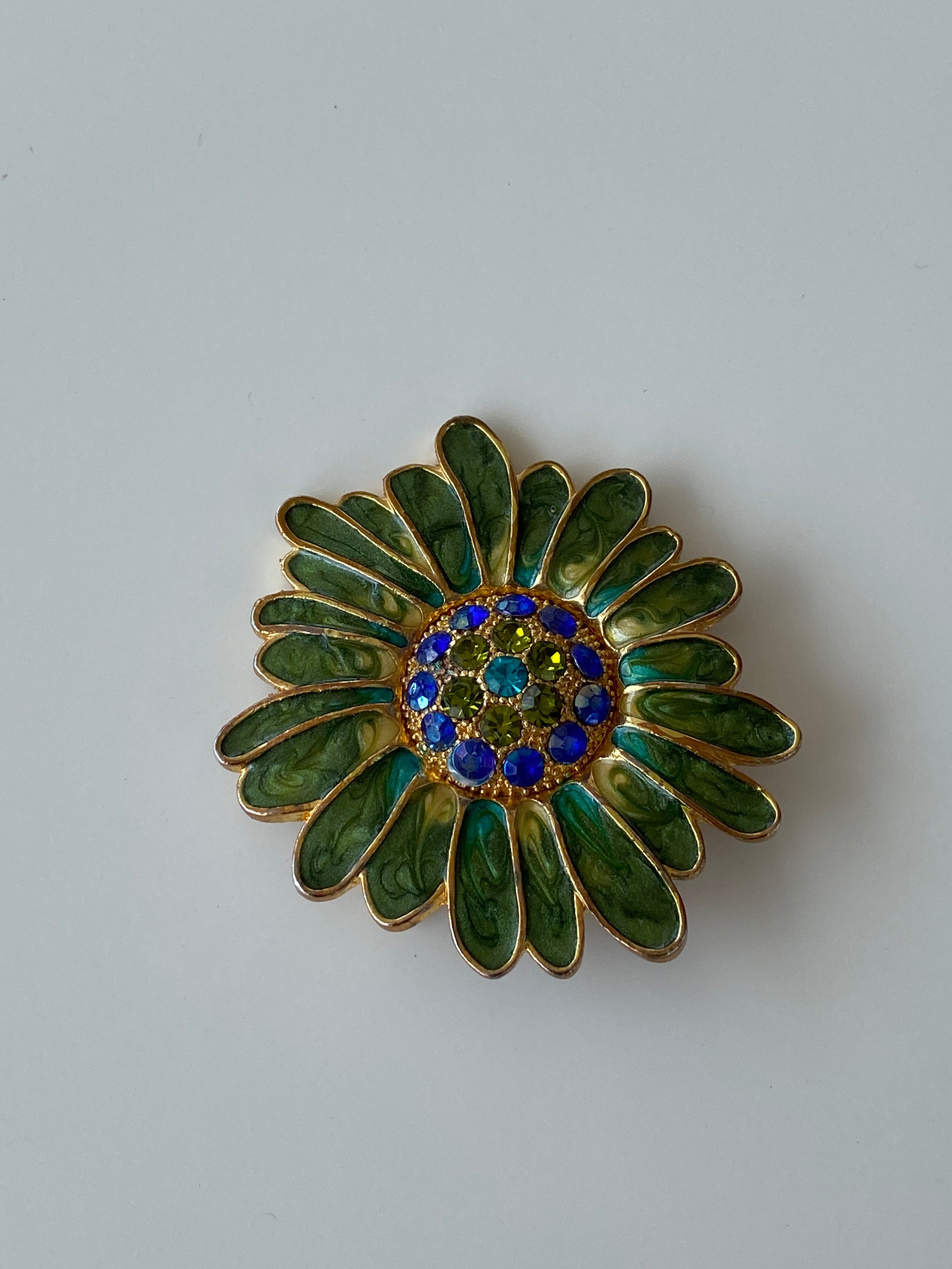 Vintage Monet Green Floral Enamel And Rhinestone Pin Brooch