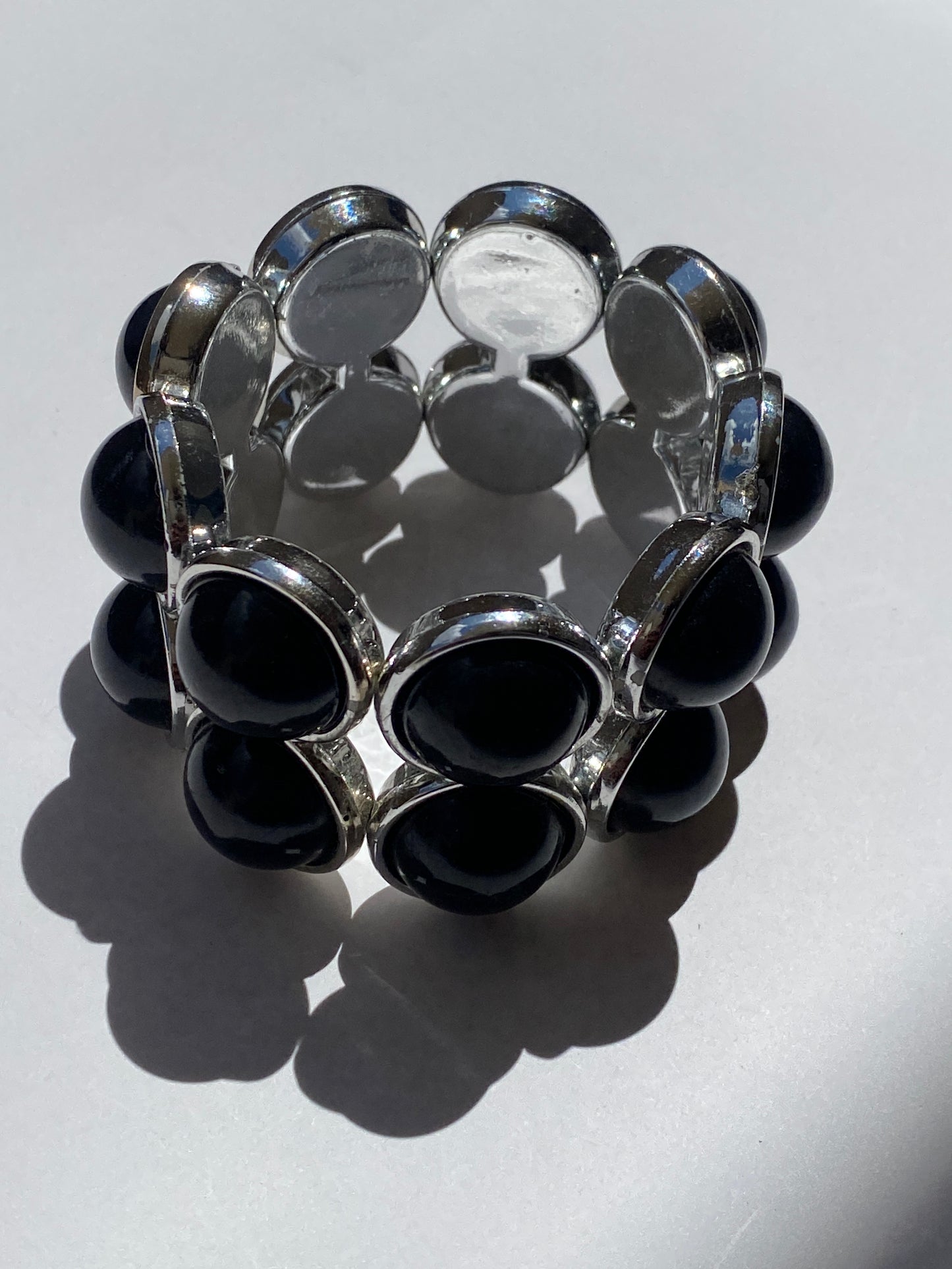 Vintage Black Cabochon Silver Tone Elastic Cuff Bracelet