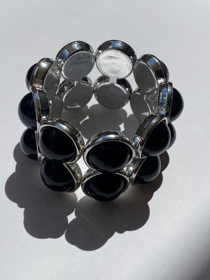 Vintage Black Cabochon Silver Tone Elastic Cuff Bracelet