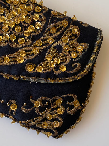 Vintage Black & Gold Beaded Embroidered Evening Mini Clutch Bag