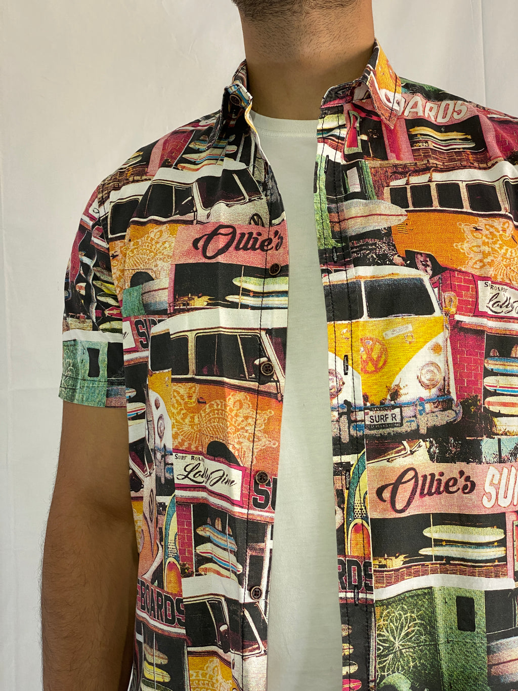 Vintage Red Camel Surfboards Print Short Sleeve Button Up Shirt - L