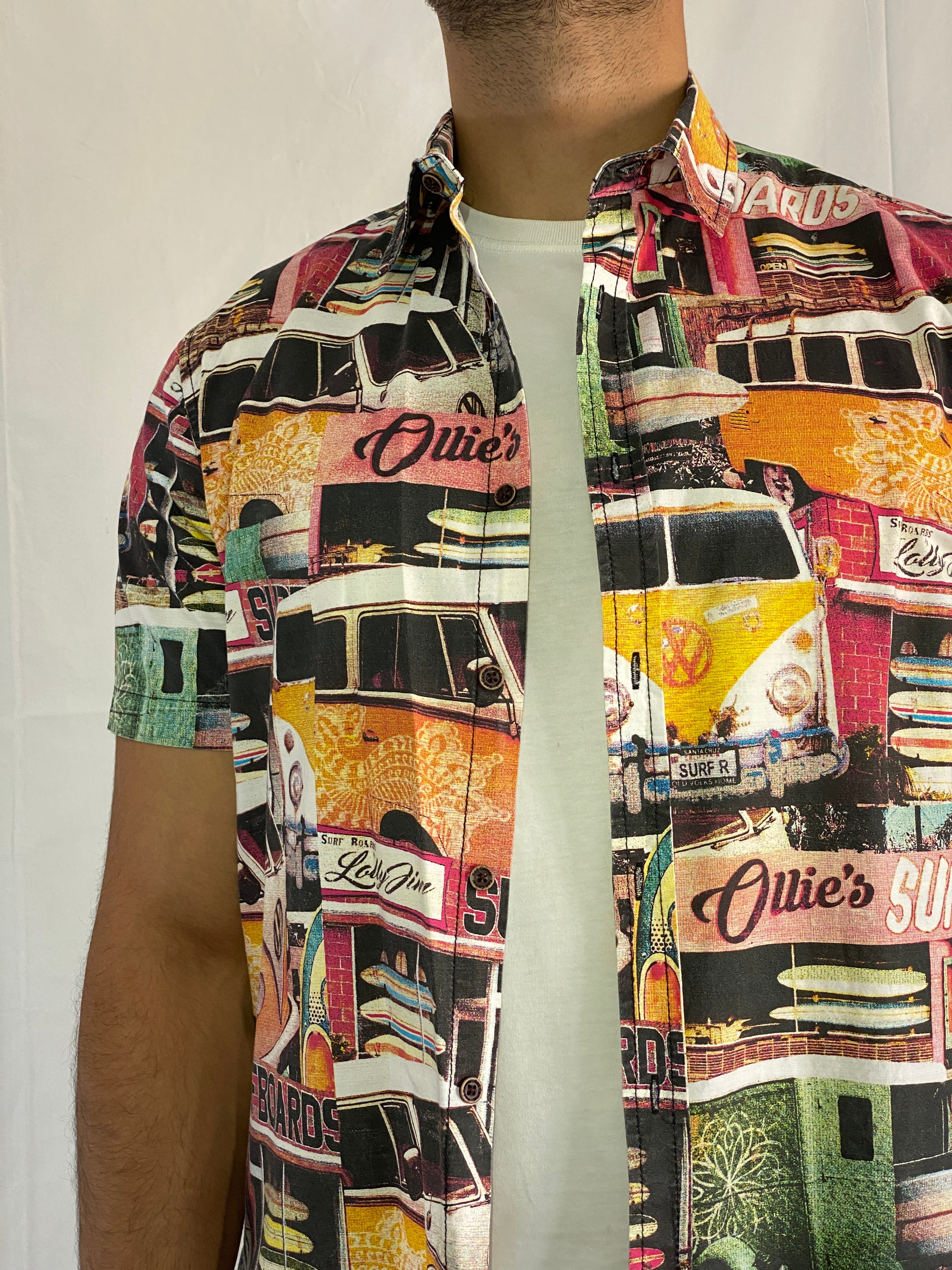 Vintage Red Camel Surfboards Print Short Sleeve Button Up Shirt - L