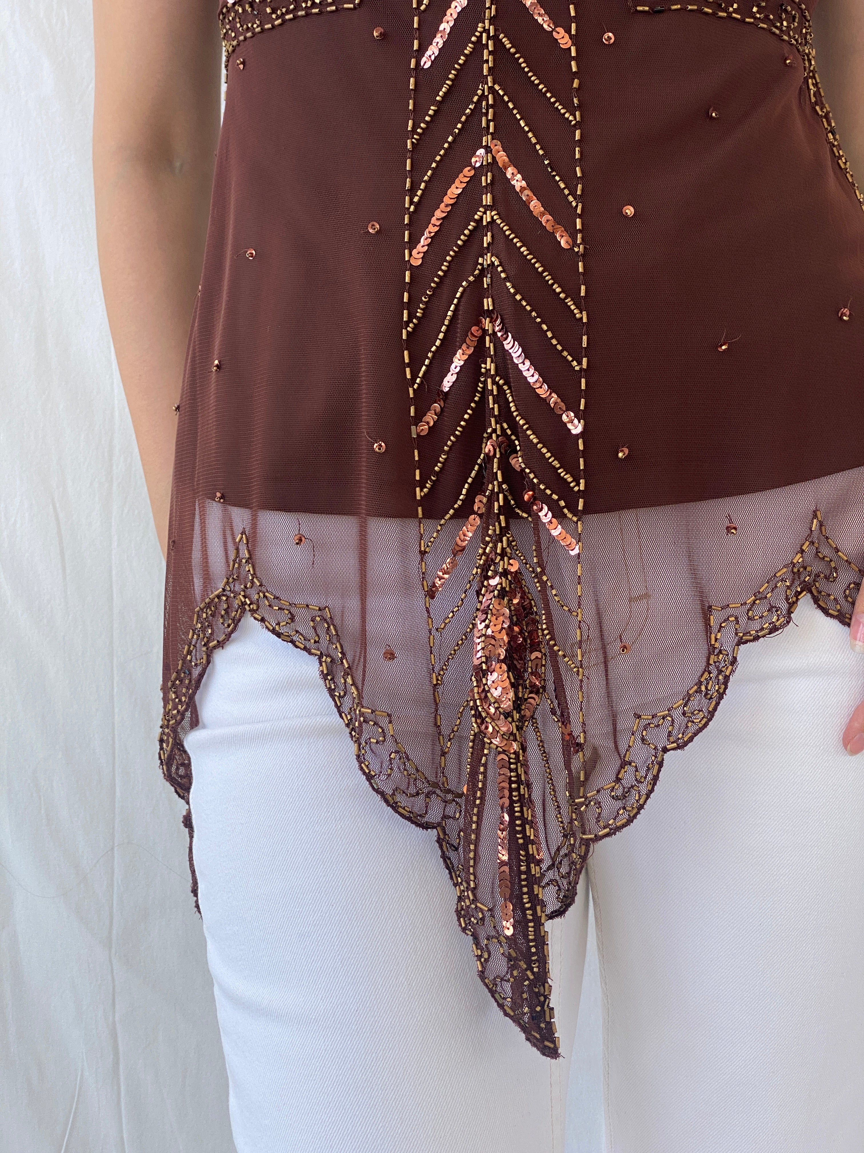 Vintage Wallis Brown Beaded Sequined Sleeveless Fairy Core Mesh Top - L