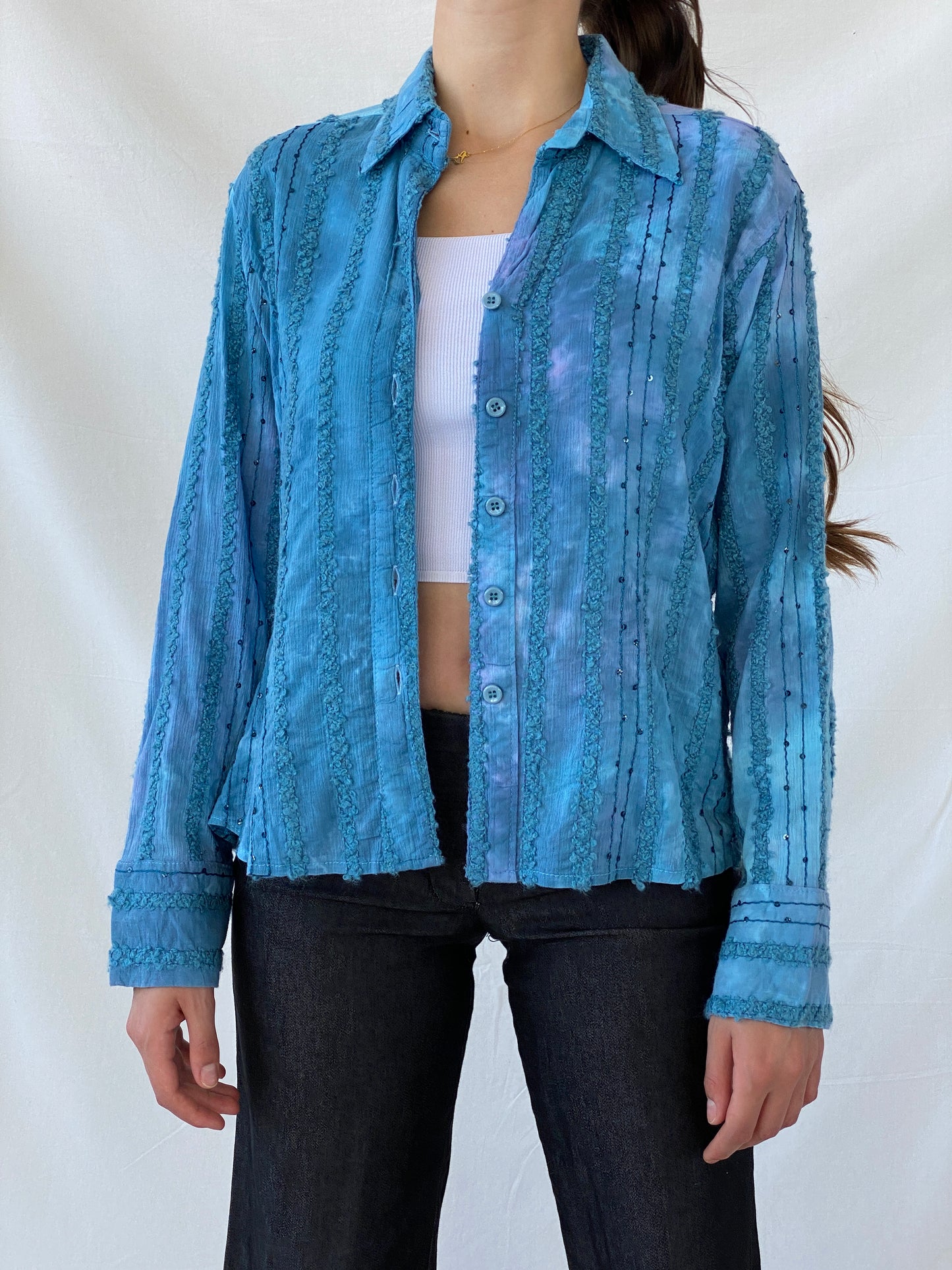 Vintage Tie-Dye Women’s Button Up Blue Sequin Cotton Shirt - M