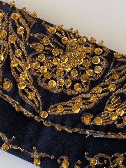 Vintage Black & Gold Beaded Embroidered Evening Mini Clutch Bag