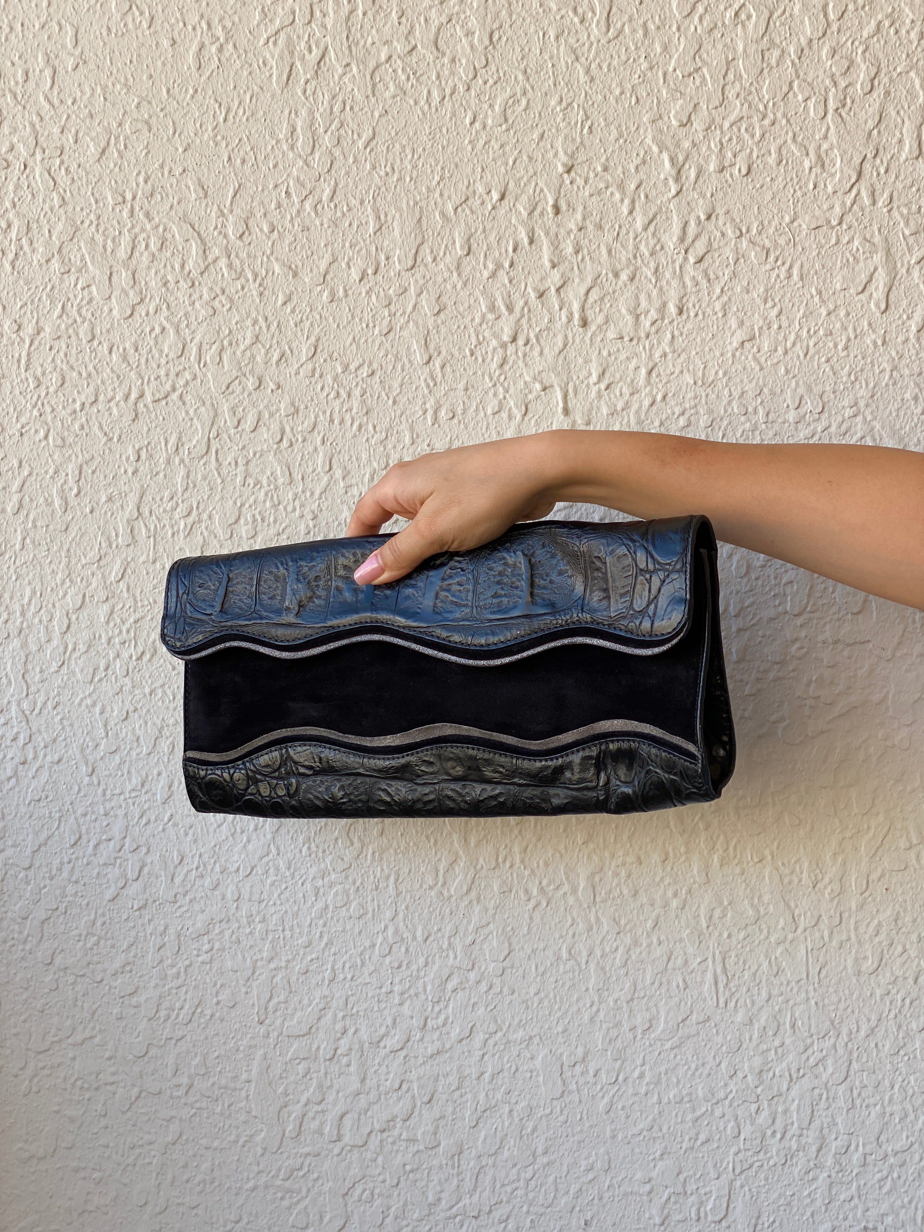 Sondra Roberts Black Crocodile Embossed Leather Evening Clutch