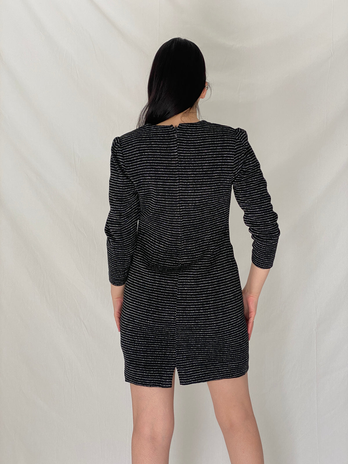Vintage 90s Black Silver Striped Shimmer Mini Textured Evening Dress - M Vintage 90s Black Silver Striped Shimmer Mini Textured Evening Dress - M