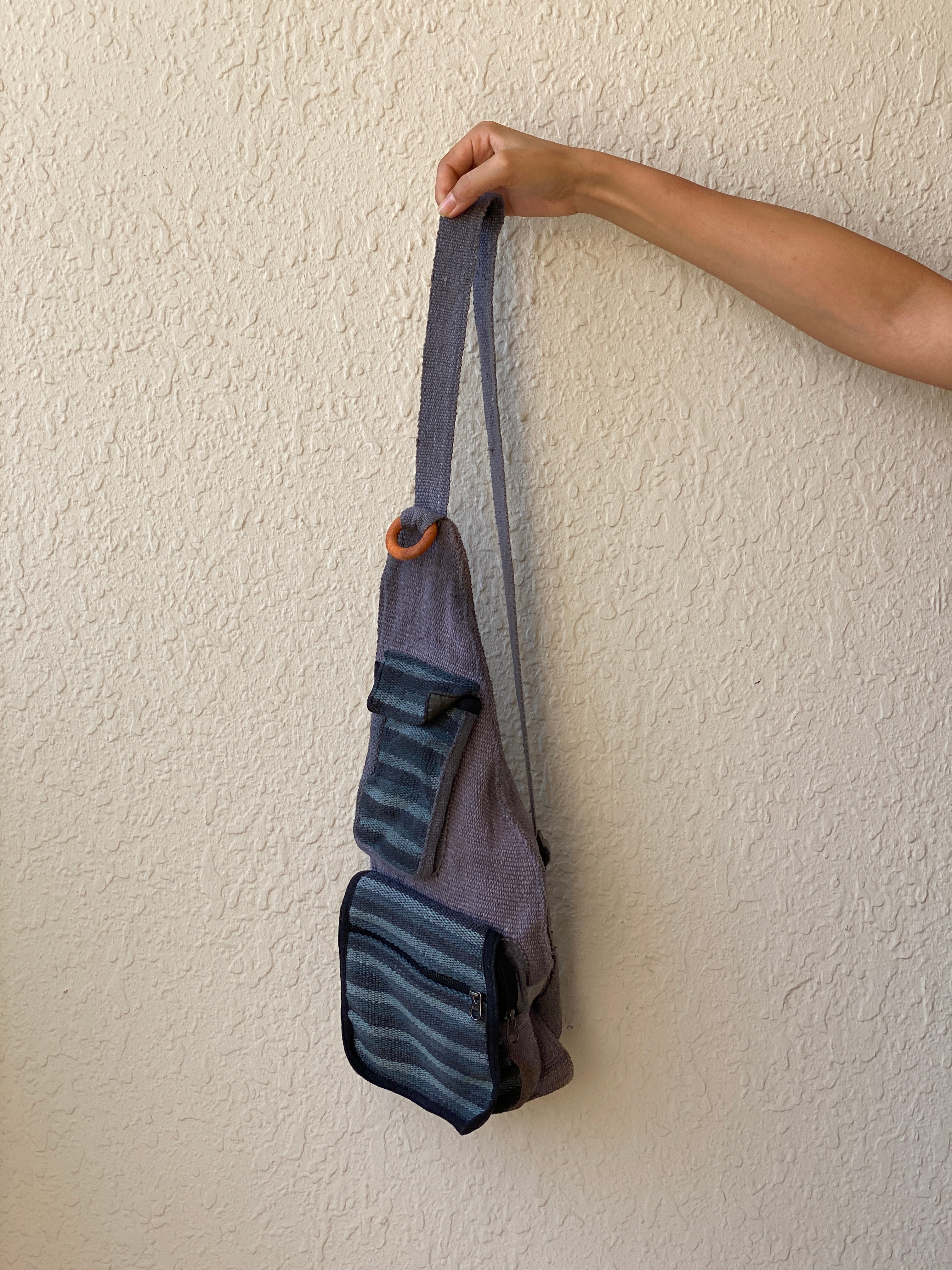 Vintage Boho Crossbody Sling Bag - 100% Cotton with Wooden Ring Detail