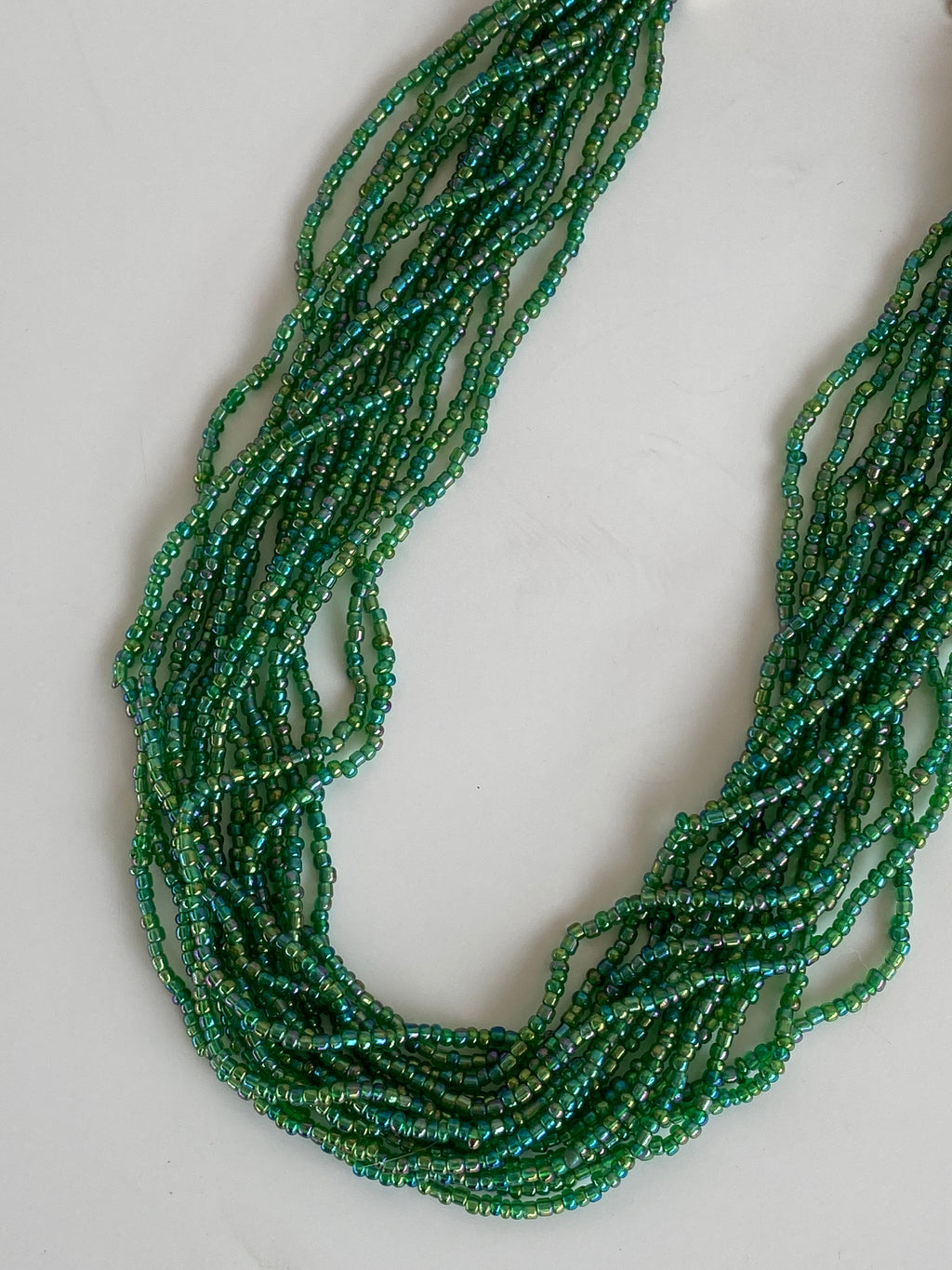 Vintage Multi-Strand Green Glass Beaded Necklace – Statement Layered Boho Jewelry
