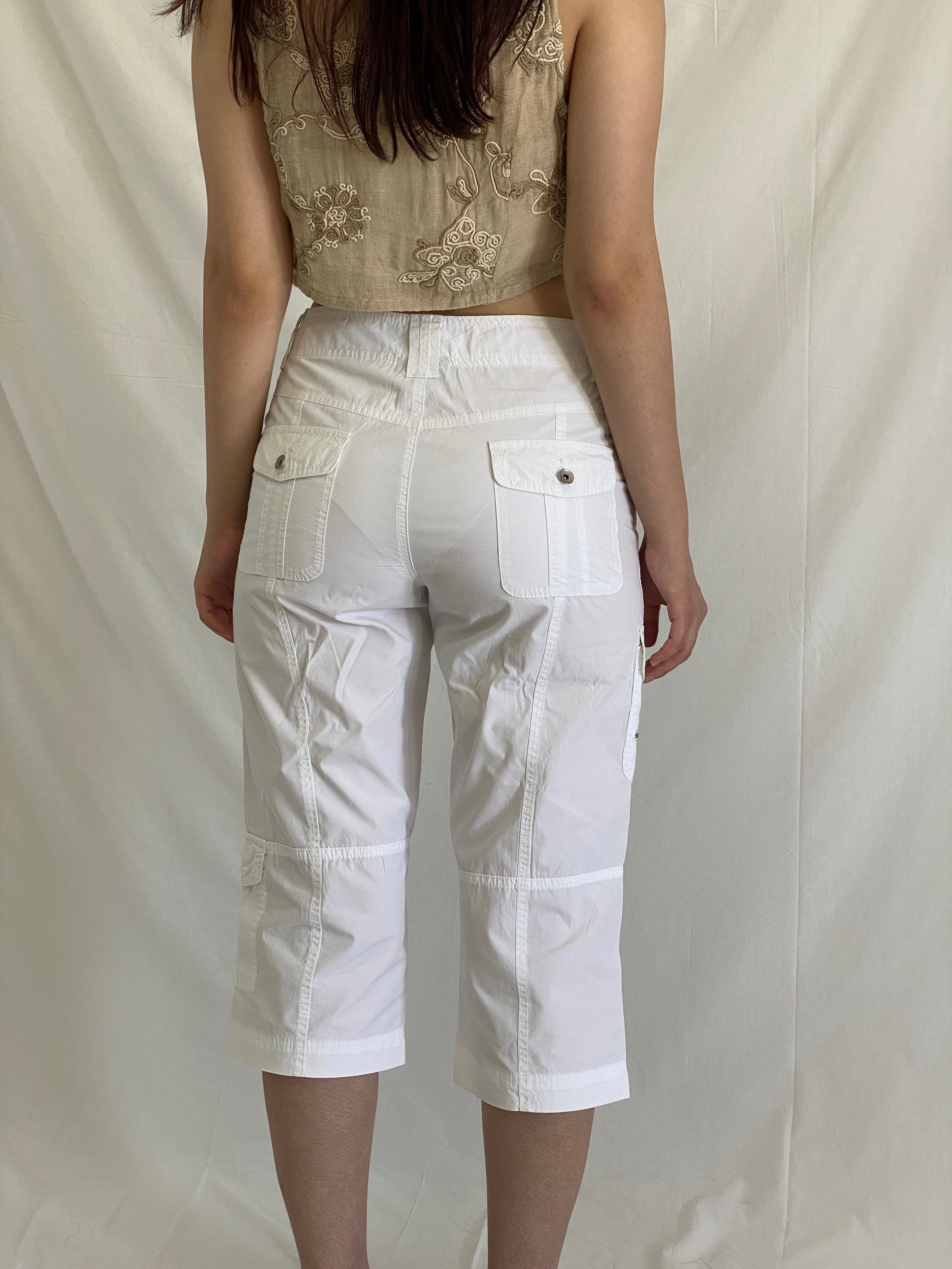 Y2K Essentials White Capri Cargo Cotton Pants Women’s Mid-Rise Cropped Utility Trousers - M