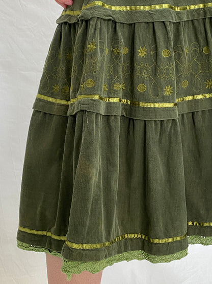 Vintage Y2K Jaune Rouge Paris Olive Green Corduroy Tiered Embroidered Midi Skirt - L