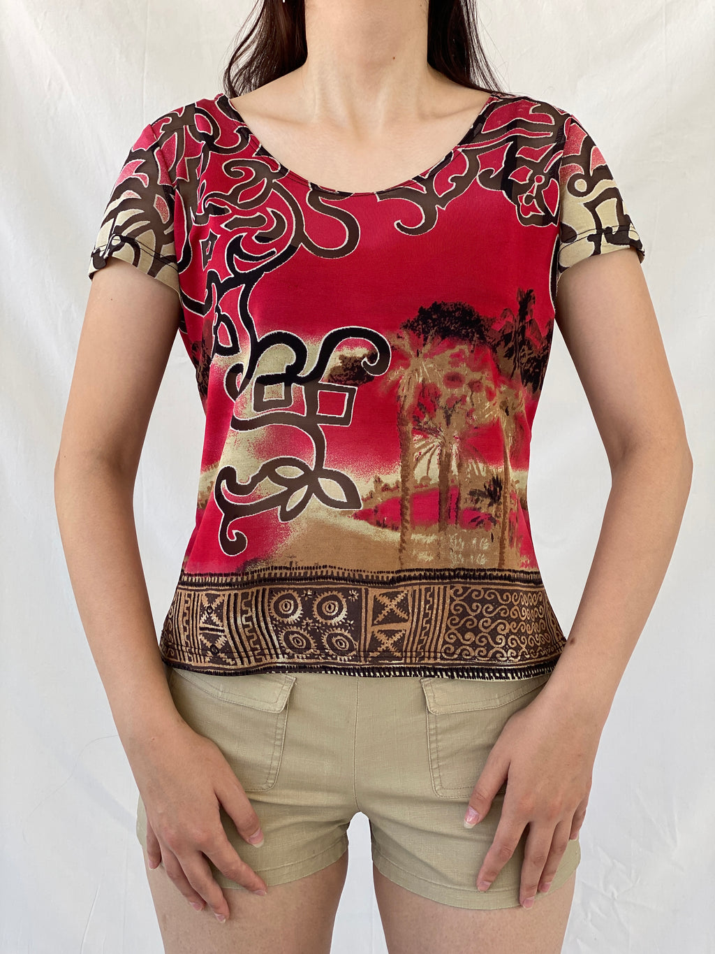 Vintage 90s Alma Ducal Graphic Red Semi Sheer Desert Print Mesh Top - XL