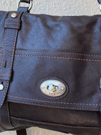 Vintage Y2K Fossil Long Live Vintage Black Distressed Leather Convertible Satchel Crossbody Bag