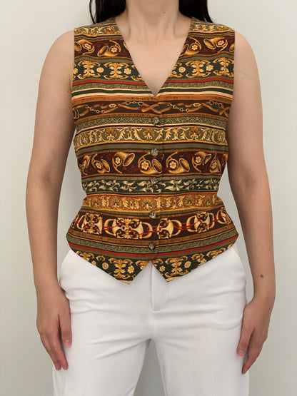 Vintage 90s White Stag Brown Baroque Equestrian Print Tailored Vest - M
