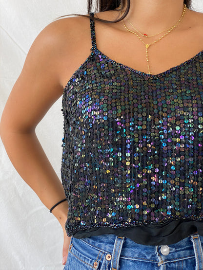 Vintage 90s Sequined Silk Cami Top - M