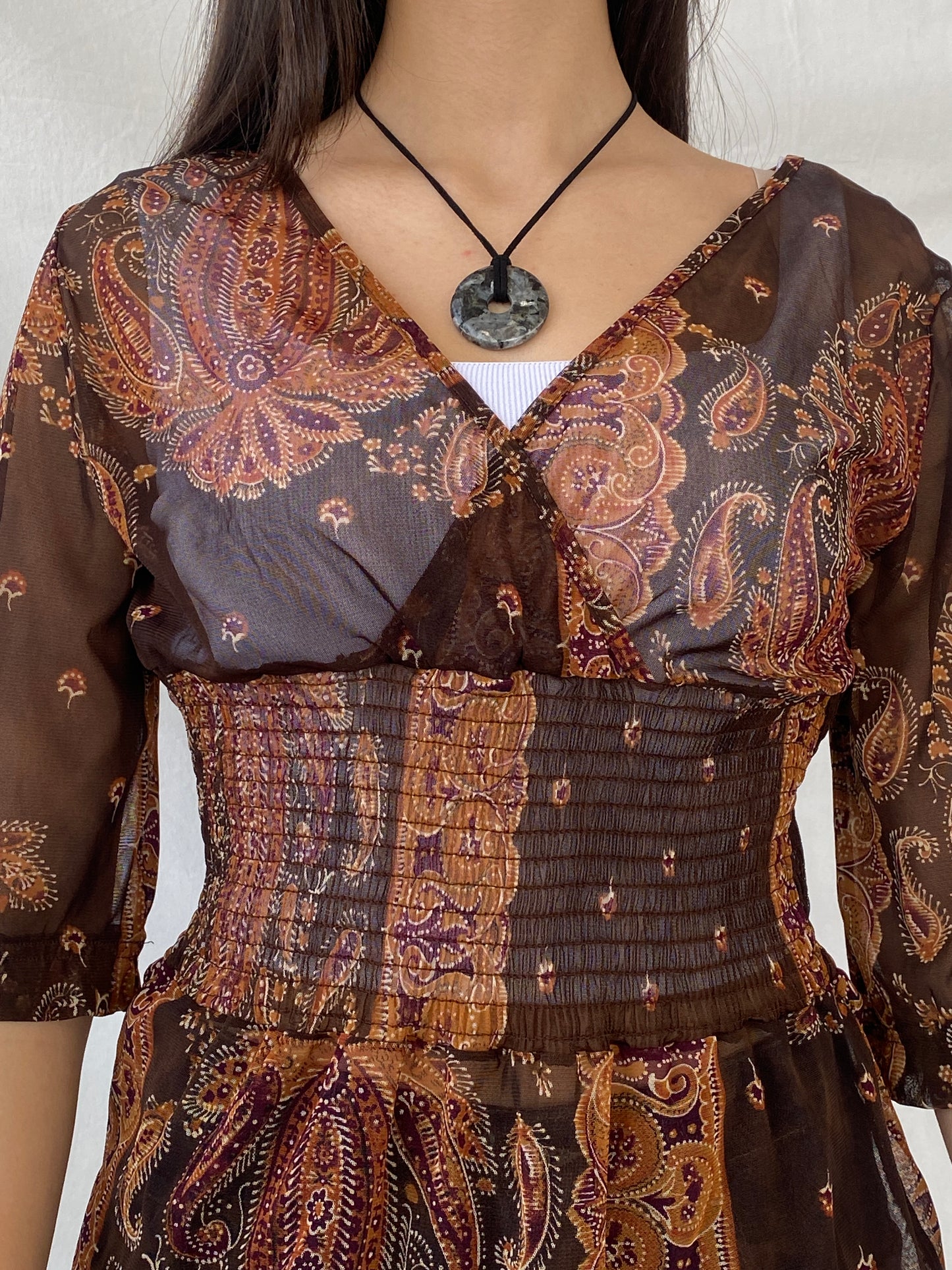 Y2K SAVIDA Brown Paisley Print Sheer Scrunched Waist Top - L